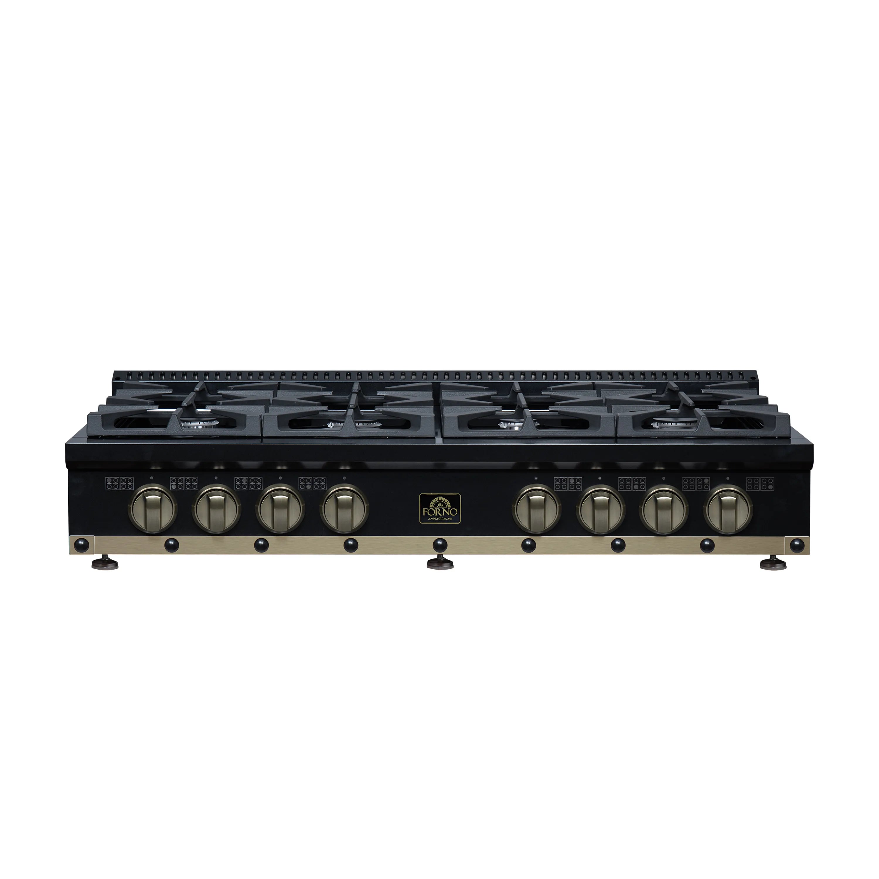 Black gas cooktop front view with black grates and brass control knobs