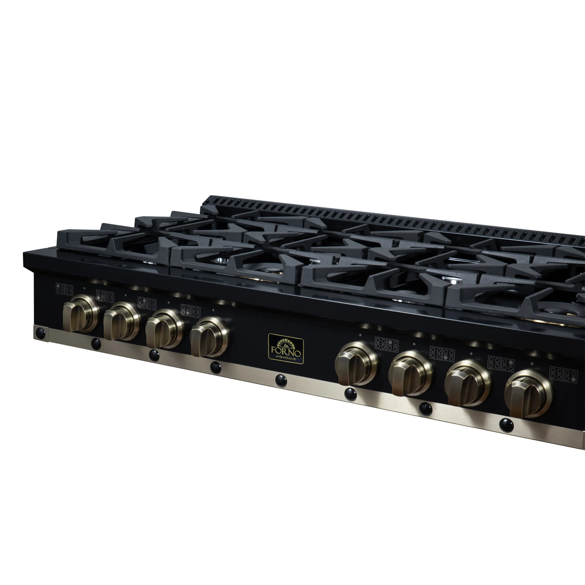 Black gas cooktop side view with black burner grates and brass control knobs