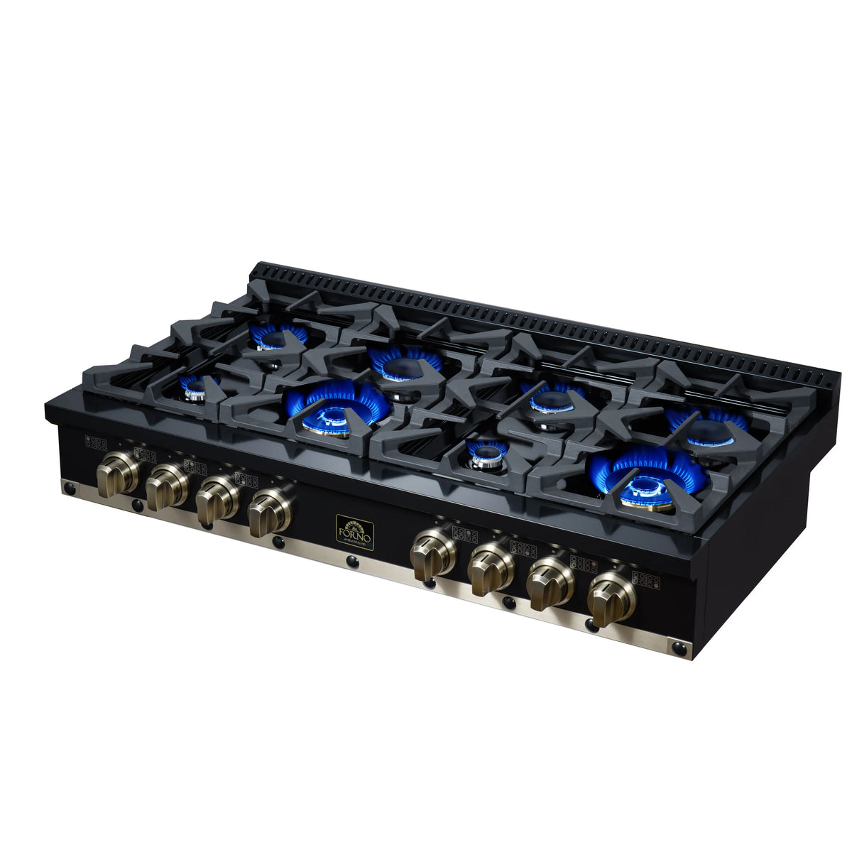 Black gas cooktop with eight blue-flame sealed burners and front control knobs