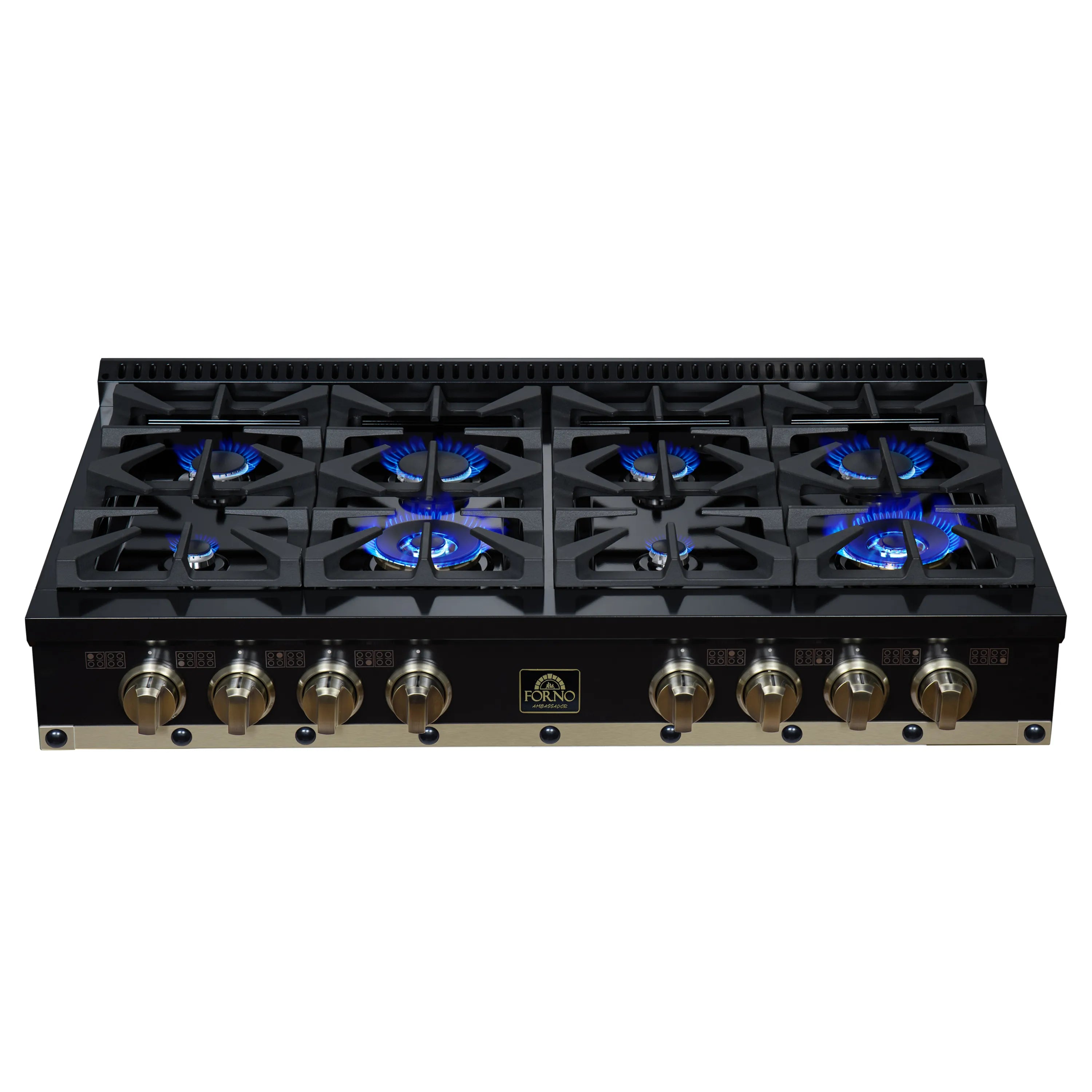 Black 48-inch gas cooktop with eight sealed burners and front control knobs