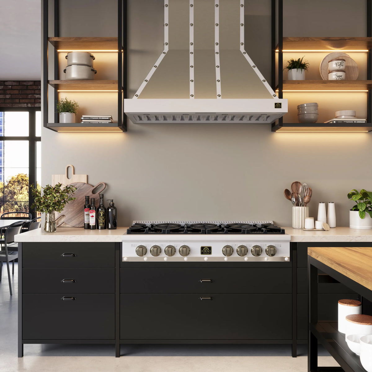 Forno Ambassador 48-Inch Gas Cooktop in White with 8 Sealed Burners, 94,000 BTU Output, 2 Antique Brass Dual-Ring Burners, Continuous Cast Iron Grates shown in a styled kitchen