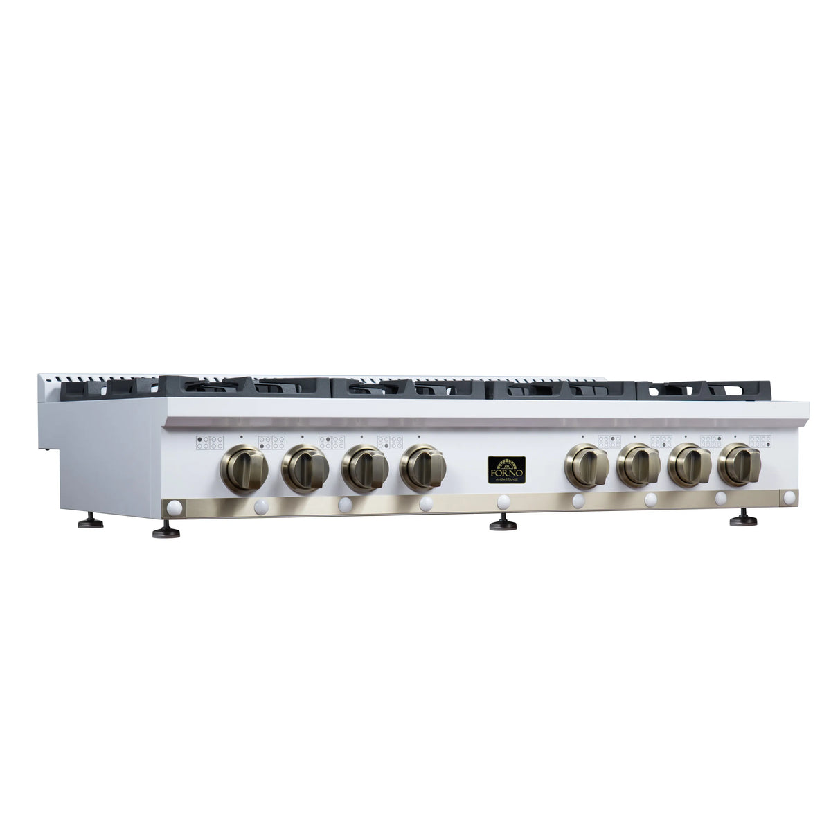 White 48-inch gas cooktop side view with black grates and brass control knobs