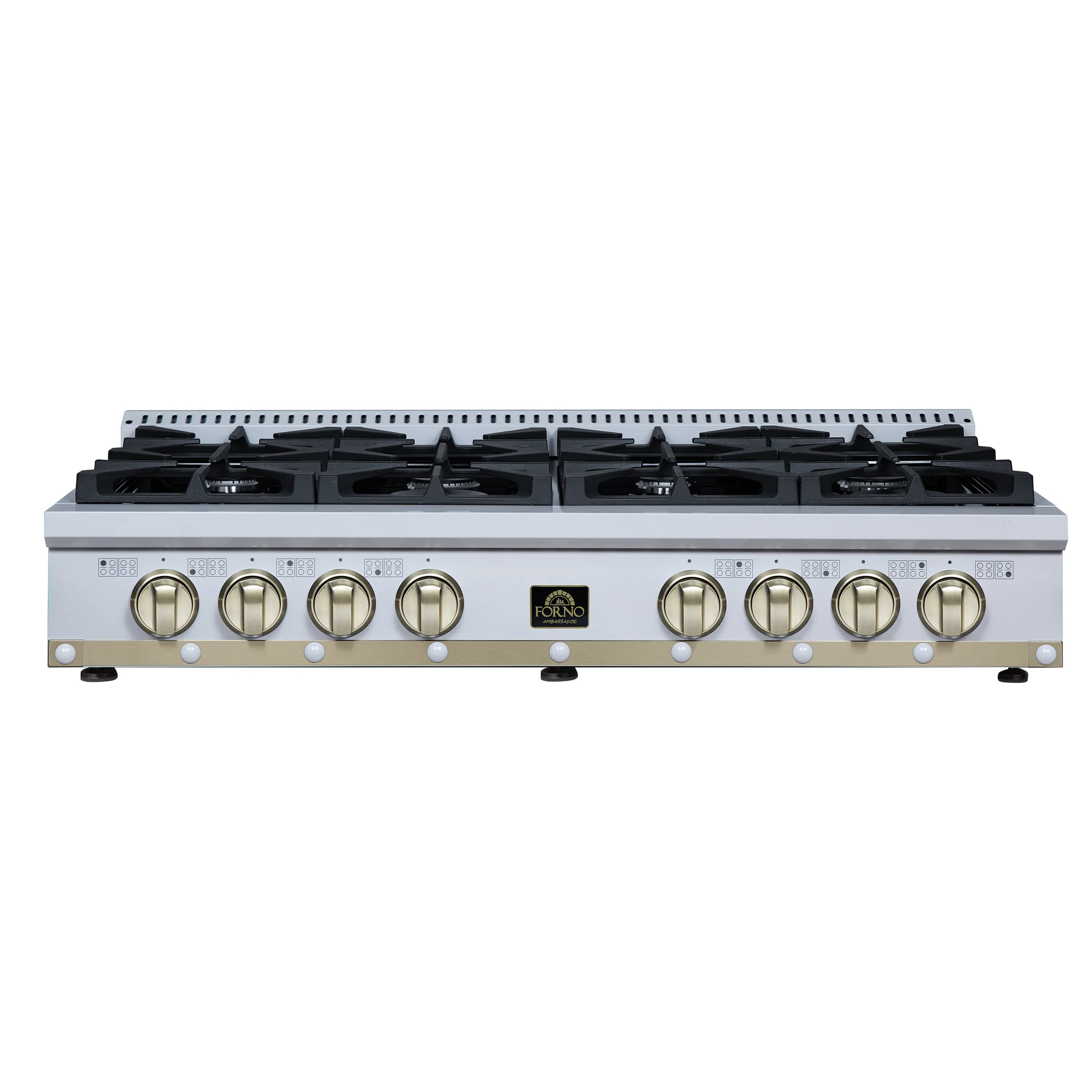 White 48-inch gas cooktop with black grates and front row of brass control knobs