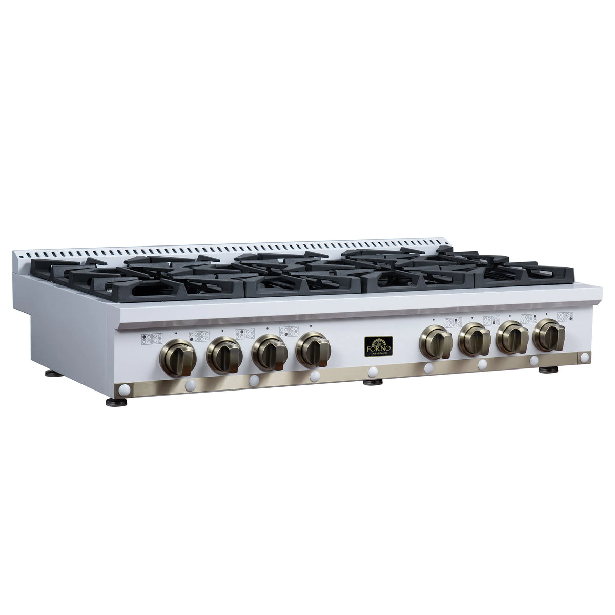 White 48-inch gas cooktop front view with black burner grates and brass control knobs