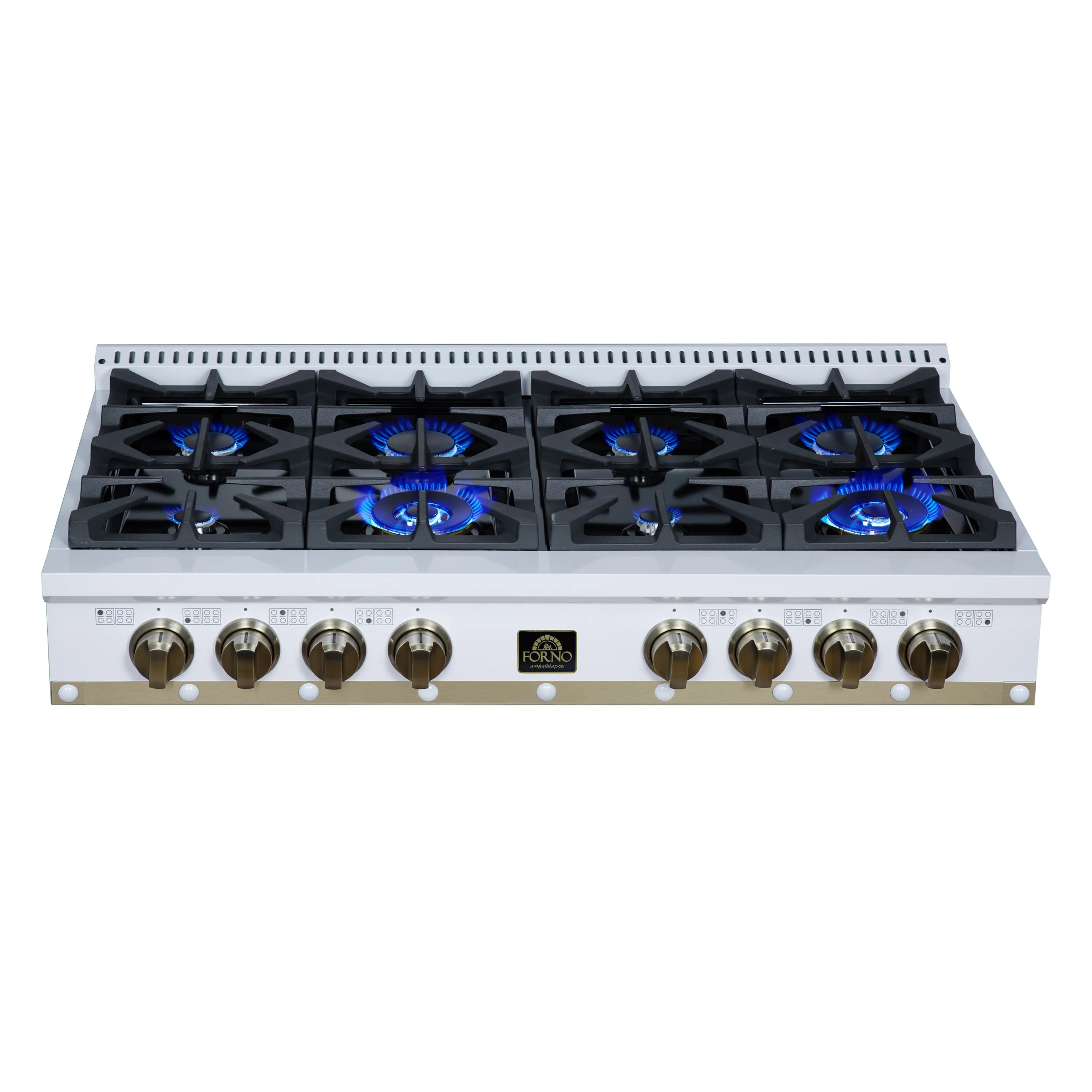 White gas cooktop with eight burners lit blue, black cast grates, front knob controls