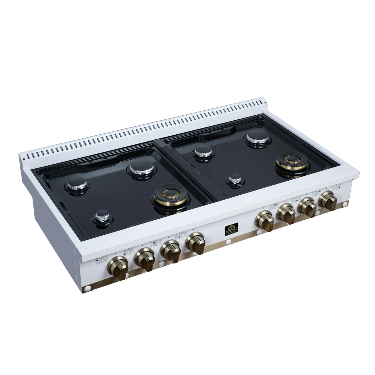 White 48-inch gas cooktop with eight sealed burners, black grates, front control knobs