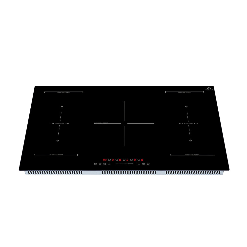 Induction cooktop with black glass, five-zone layout, and front red power level indicator