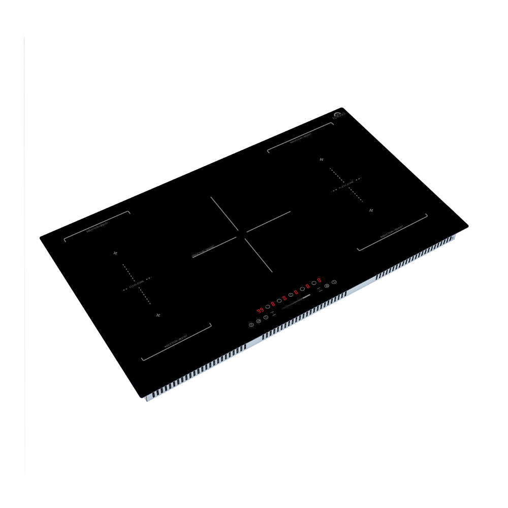 Induction cooktop with black glass surface, five zone markings, and red LED controls