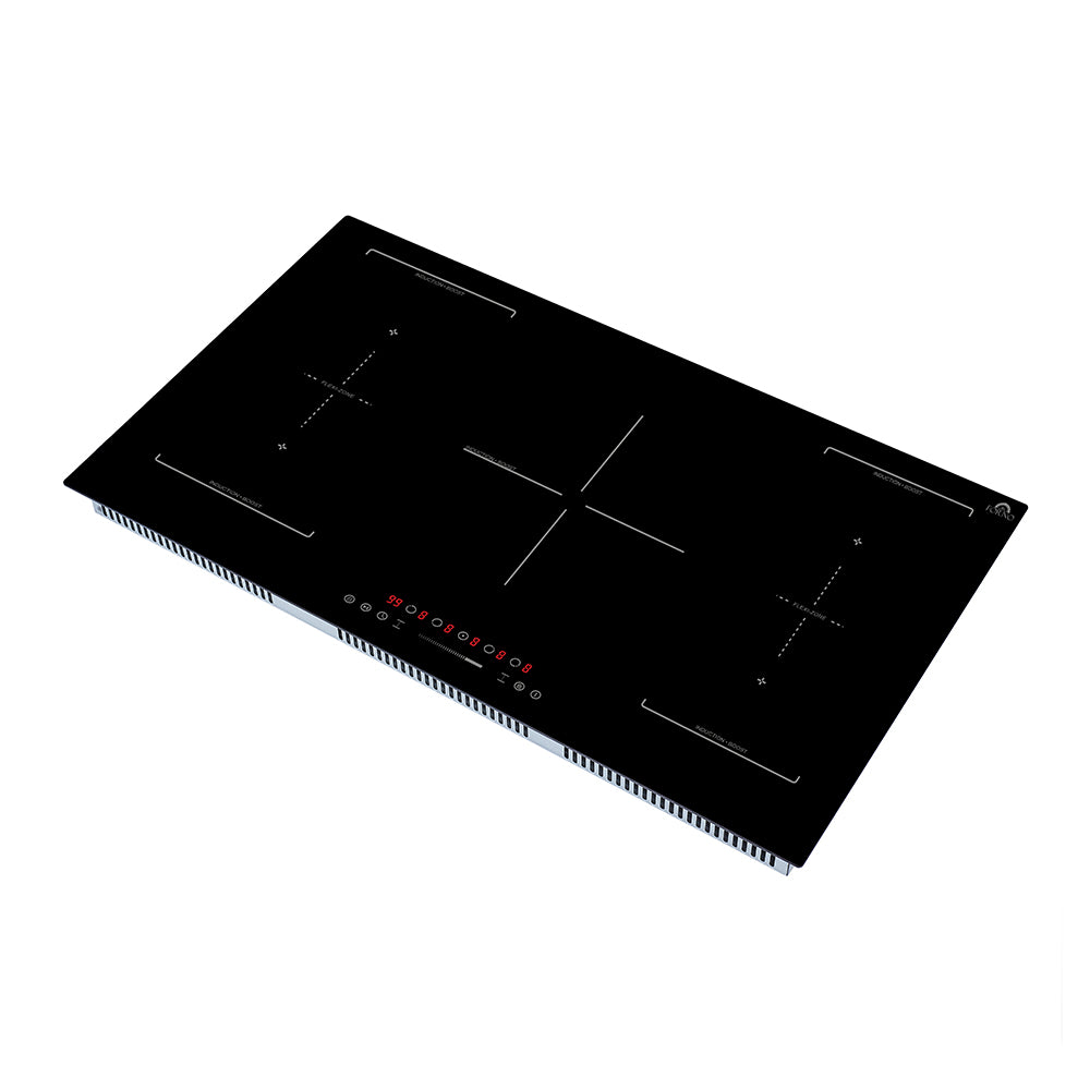 Induction cooktop with black glass, five burner zones, and red touch controls