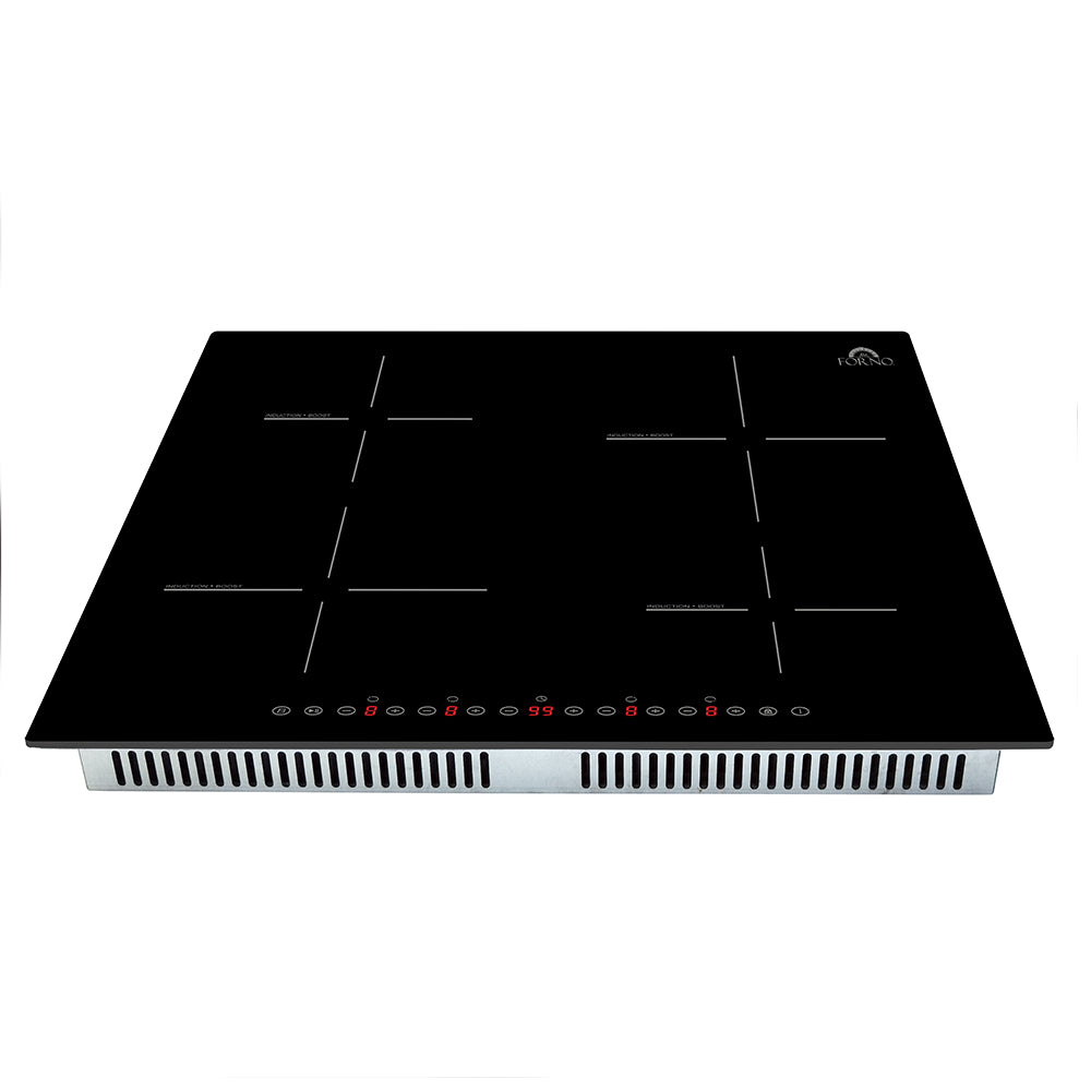 Black induction cooktop, 4-zone glass top, touch controls on slim vented frame