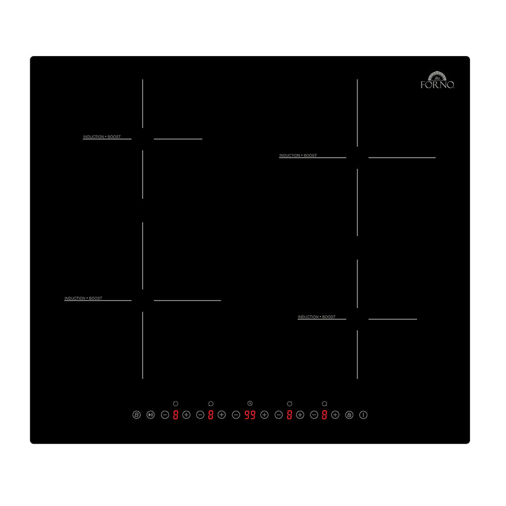 Black 4-zone induction cooktop with touch control icons along bottom edge