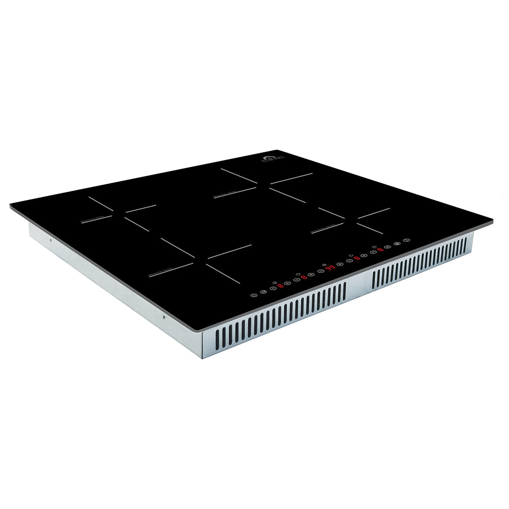 Black induction cooktop on stainless base, 4 glass zones with touch controls