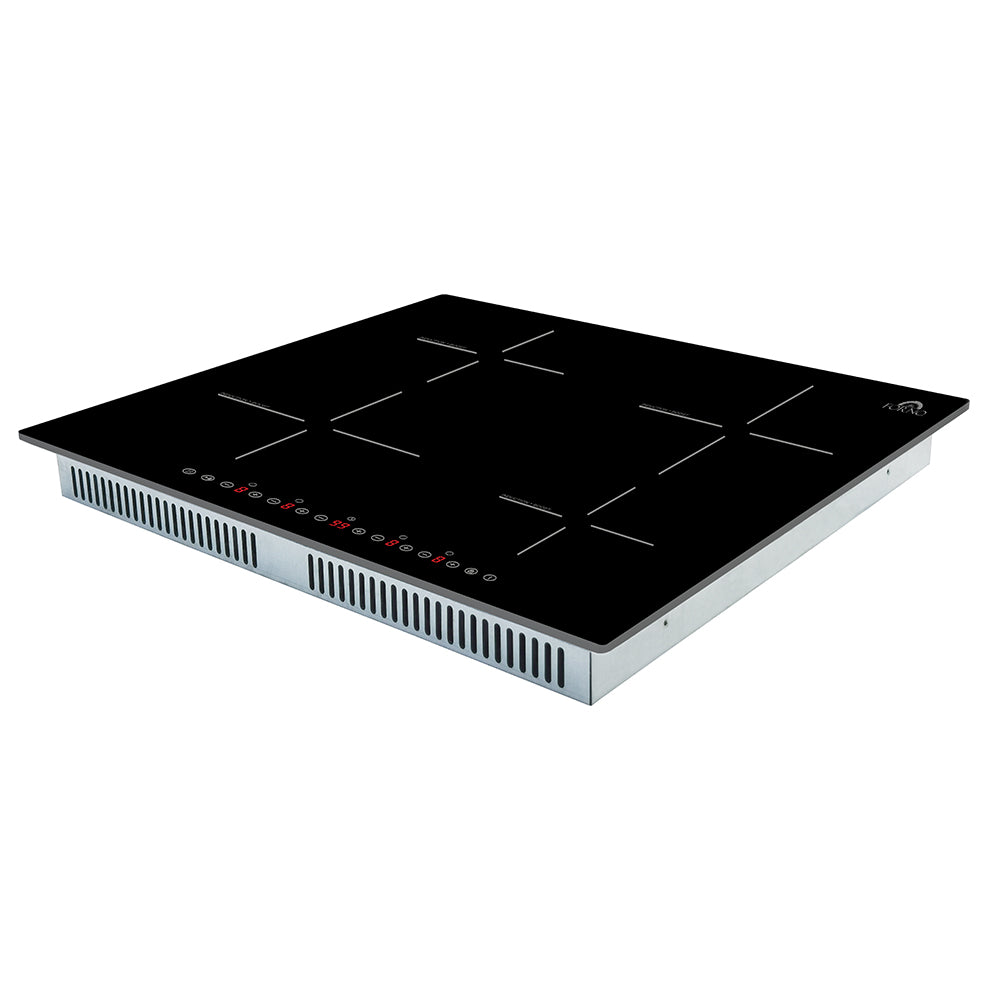 Black induction cooktop with 4 glass heating zones and slim vented side panels
