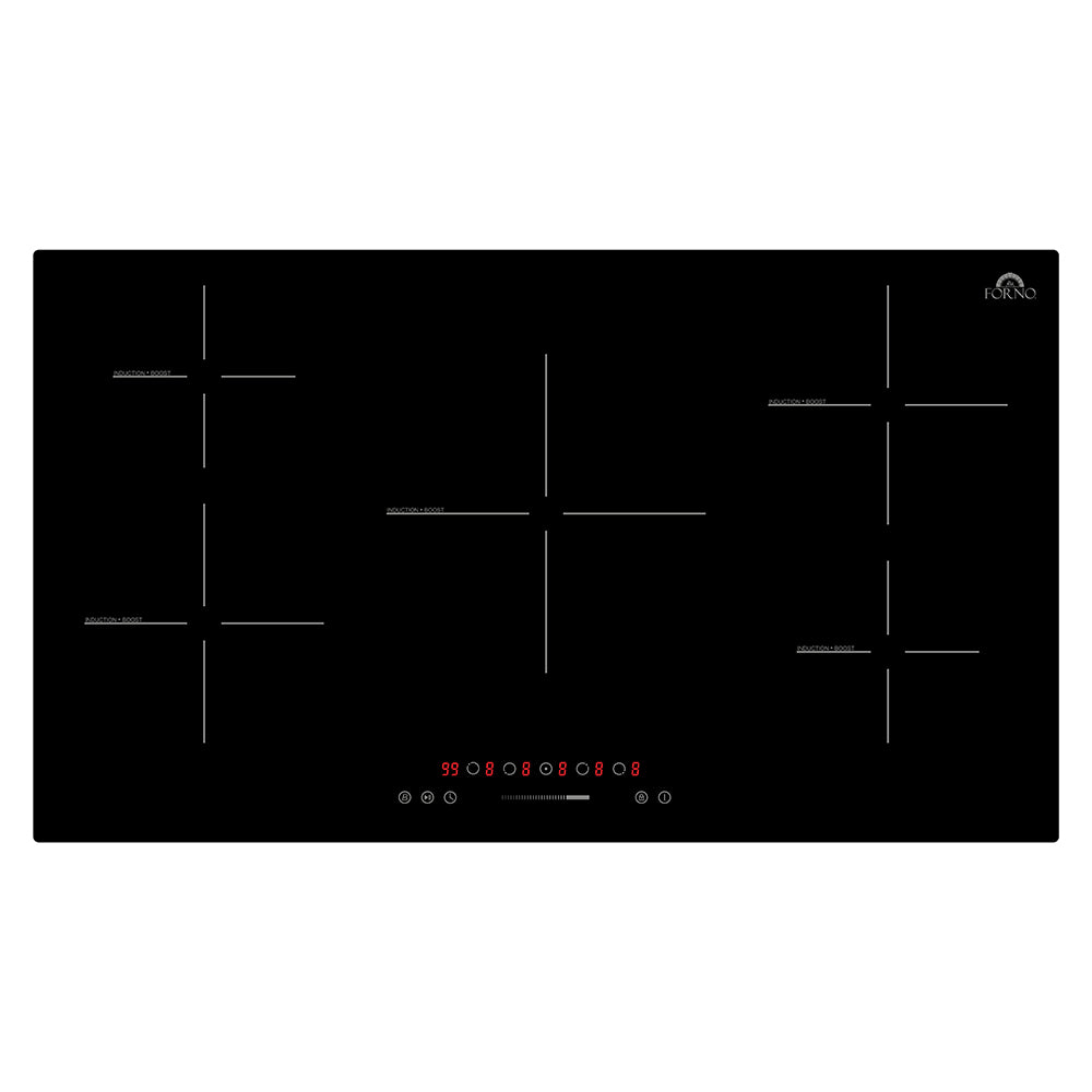 Black induction cooktop glass with five-zone cross markings and red LED power level row