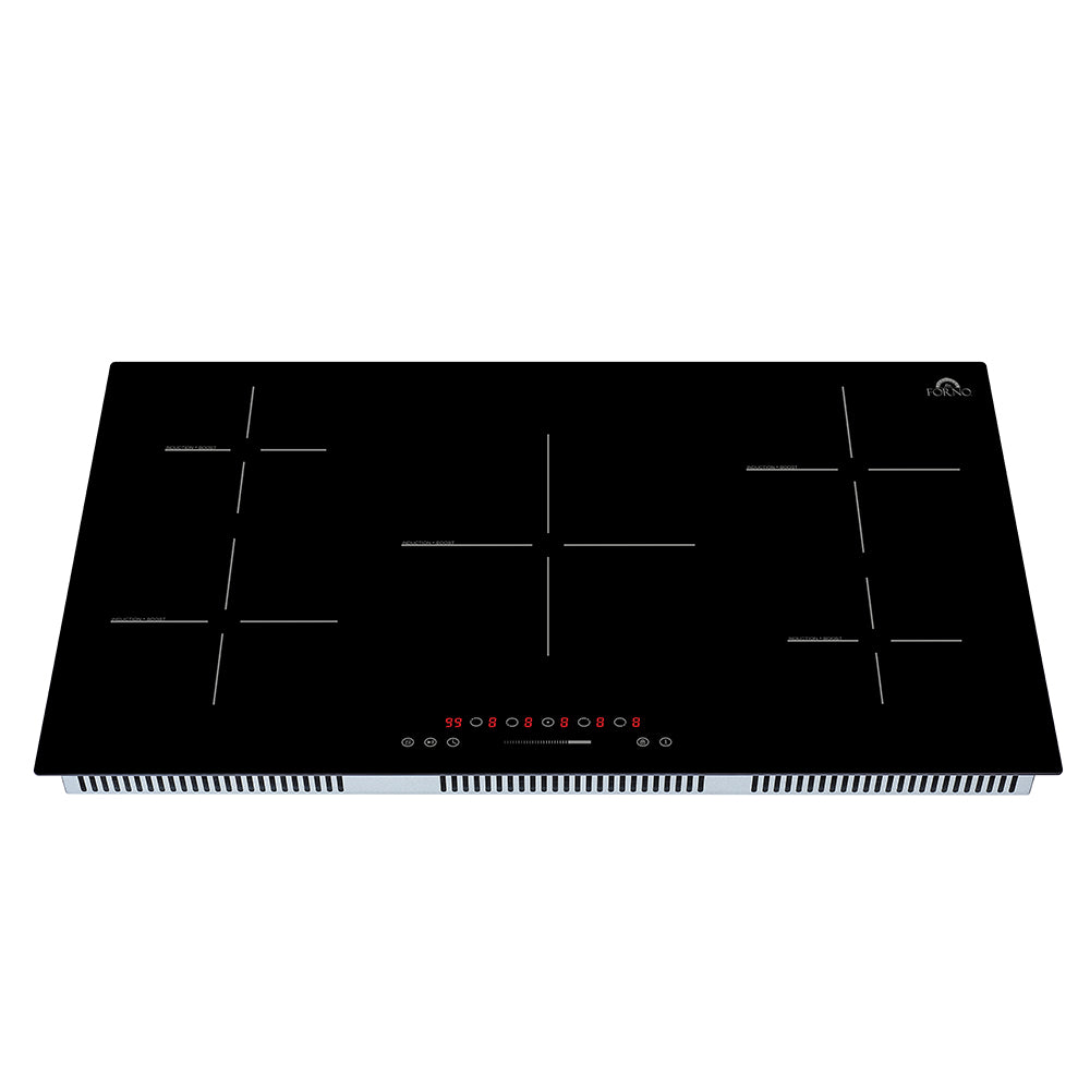 Black induction cooktop with five zones and touch control LEDs along the bottom edge