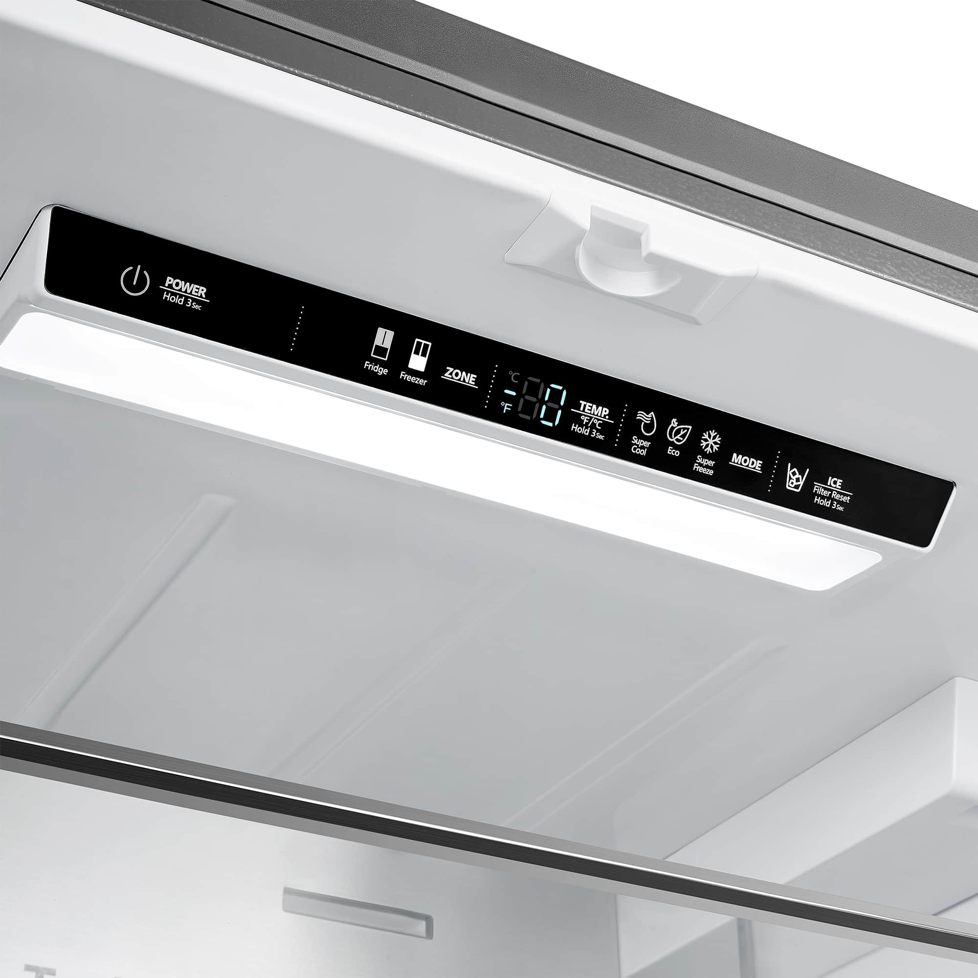 French door refrigerator interior control panel along upper water dispenser