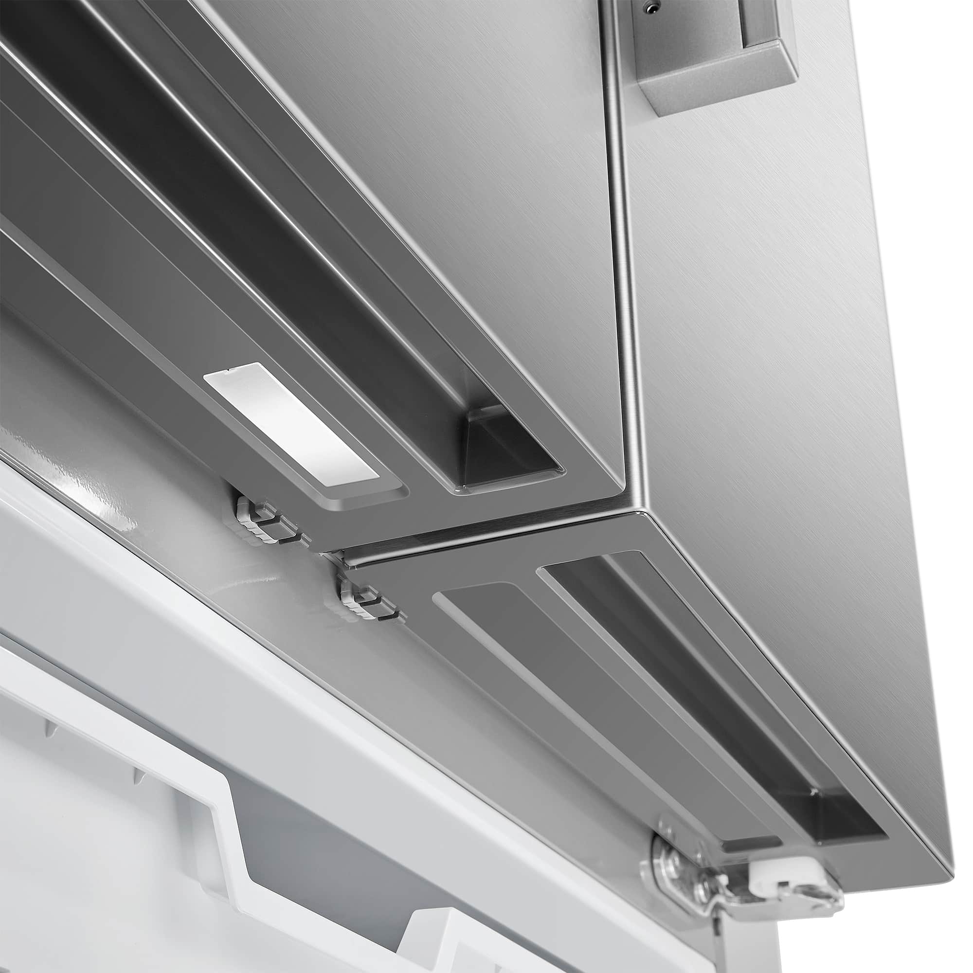 French door refrigerator door-mounted shelf with ice chute opening