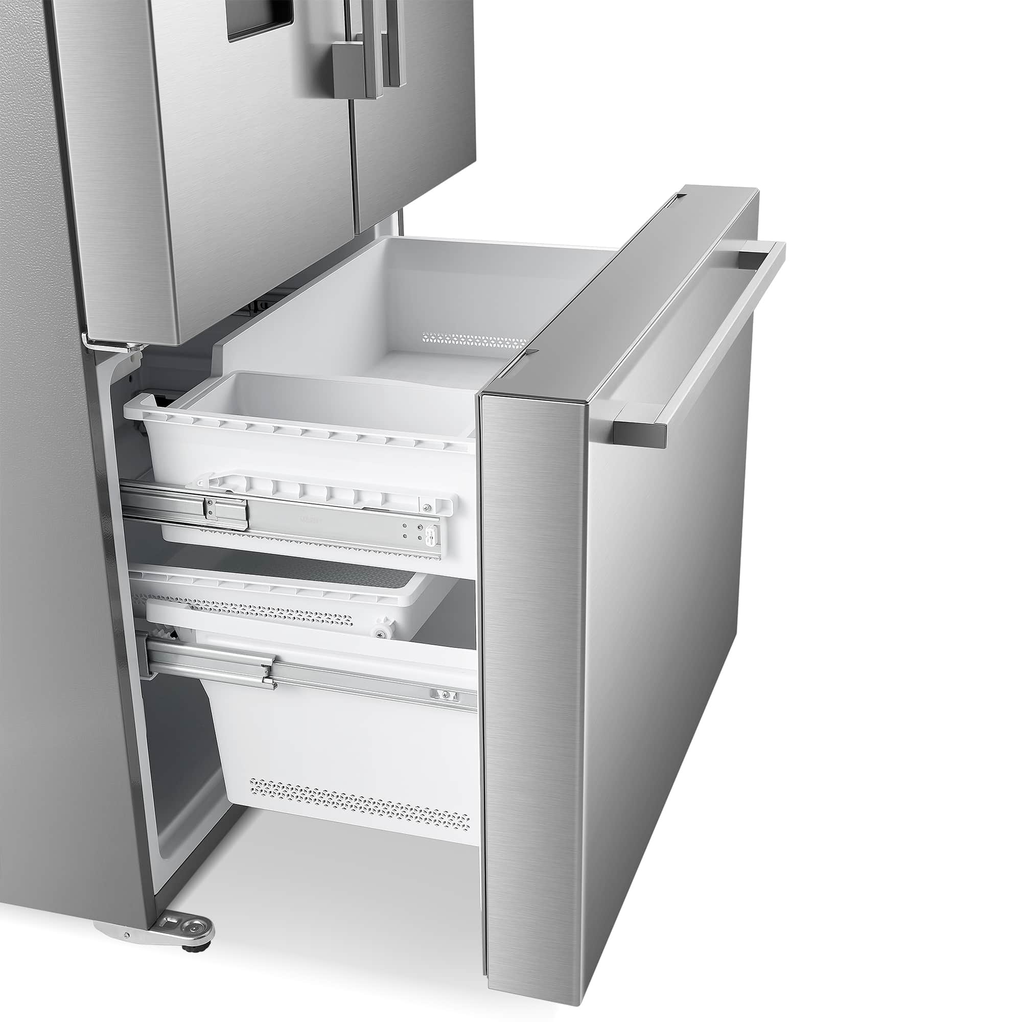 Stainless French door refrigerator with freezer drawer open and wire baskets