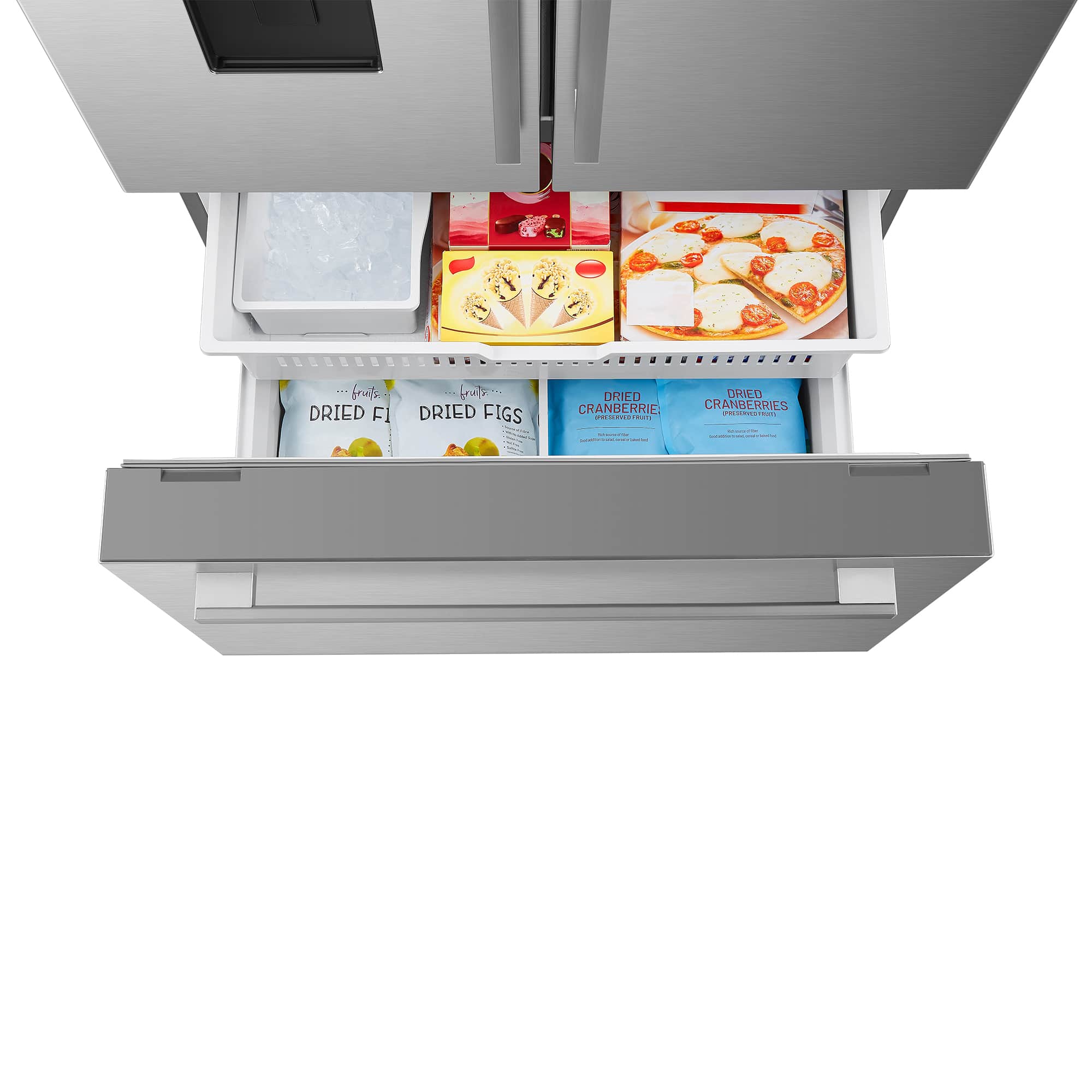 Stainless French door refrigerator freezer drawer open with packaged food