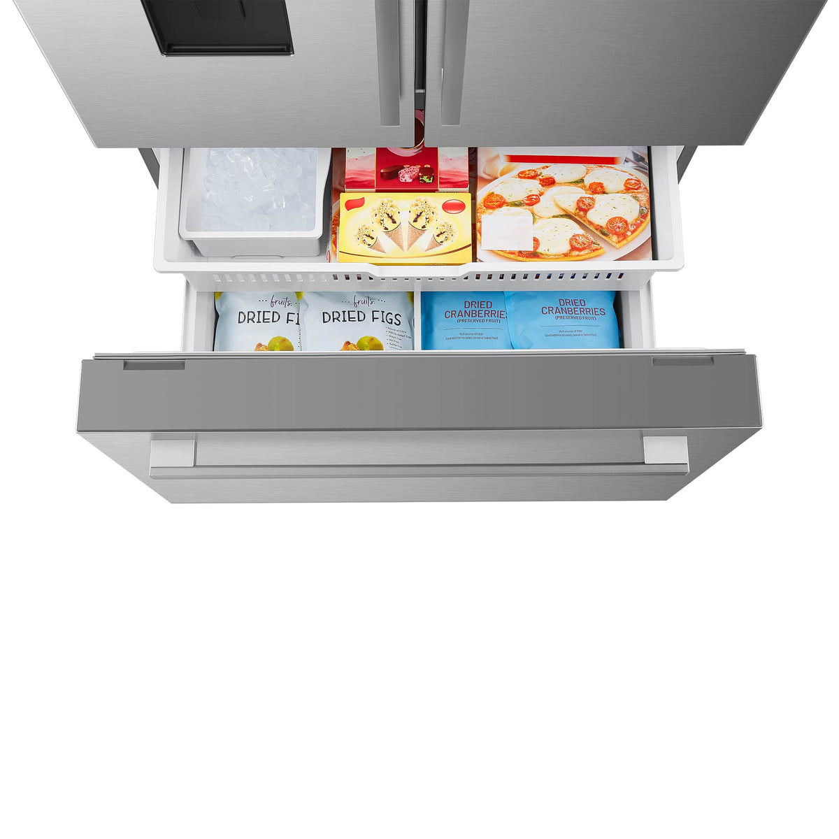 Refrigerator freezer drawer open with packaged food items