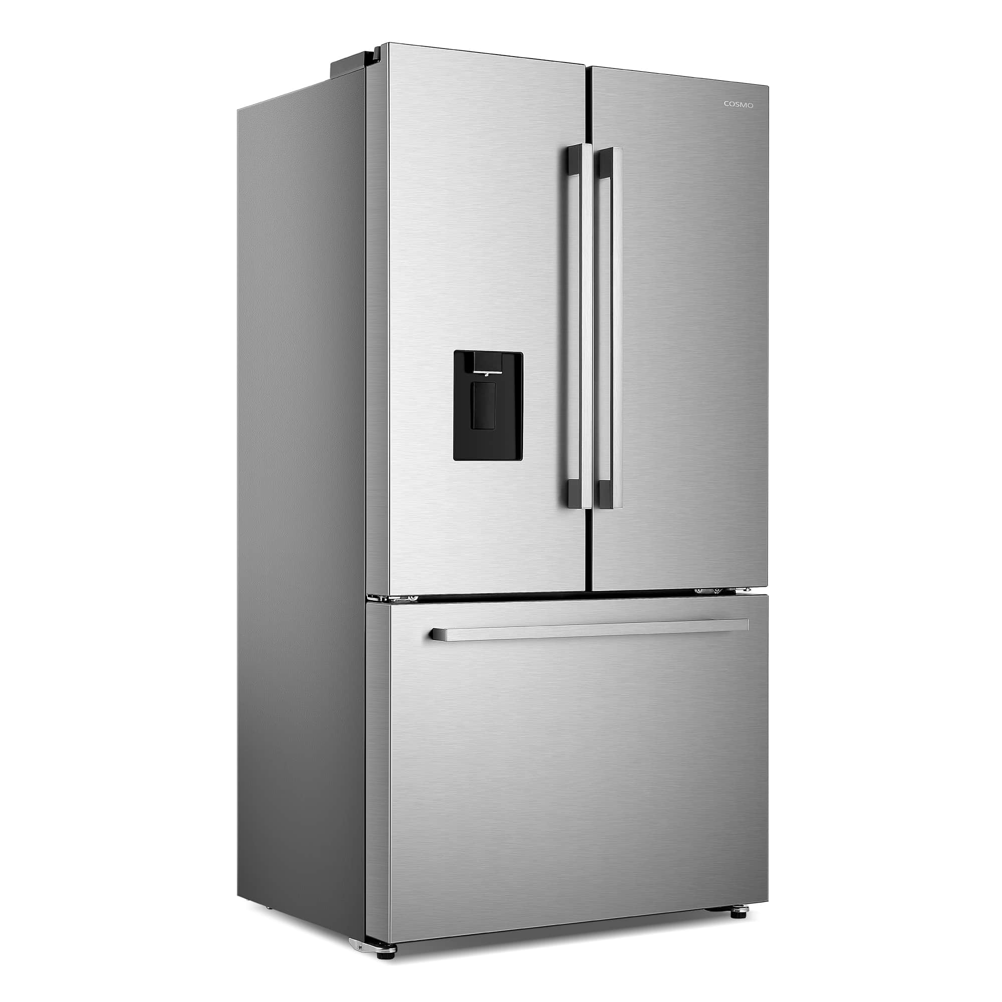 Stainless steel French door refrigerator with black water dispenser panel