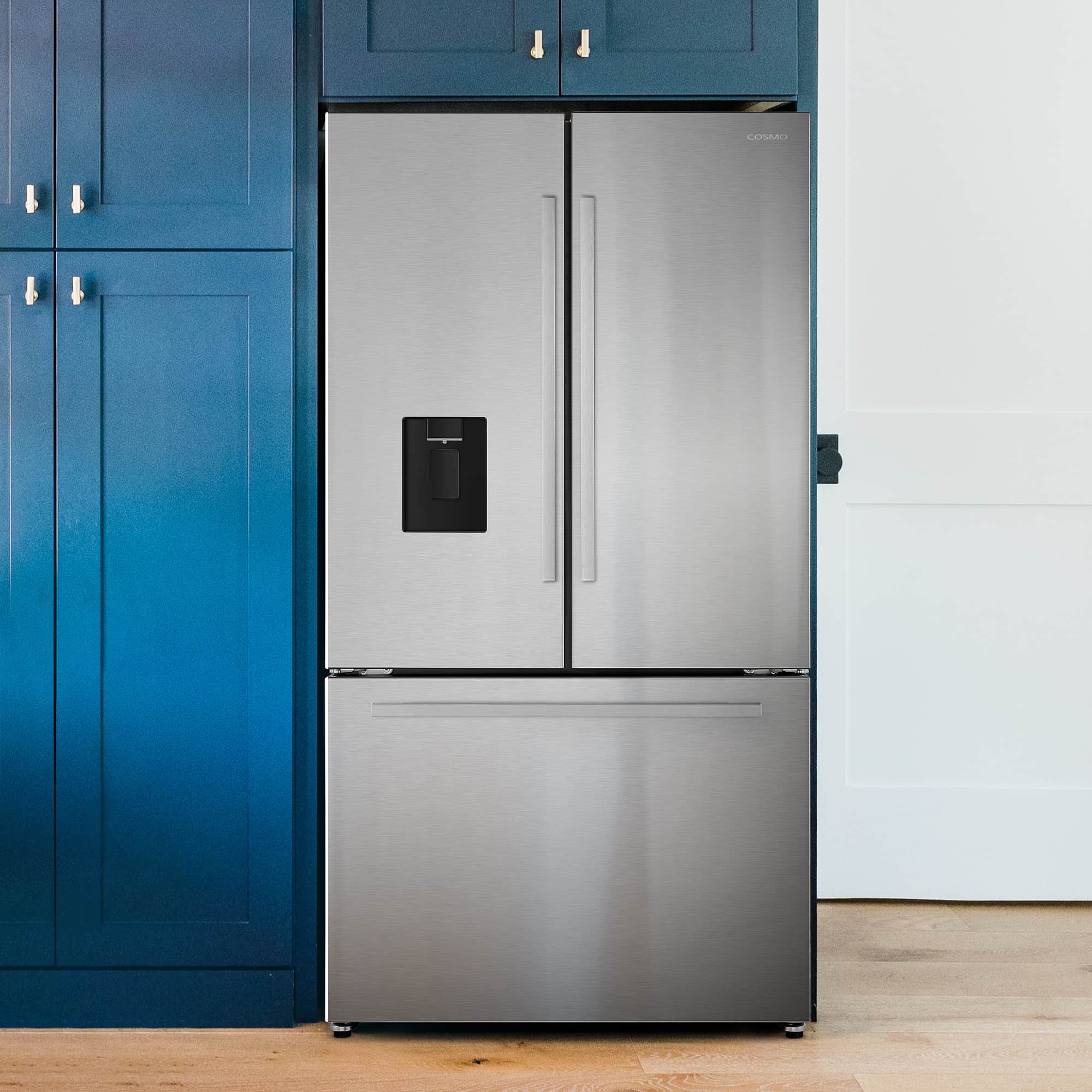Stainless French door refrigerator with water dispenser and closed doors