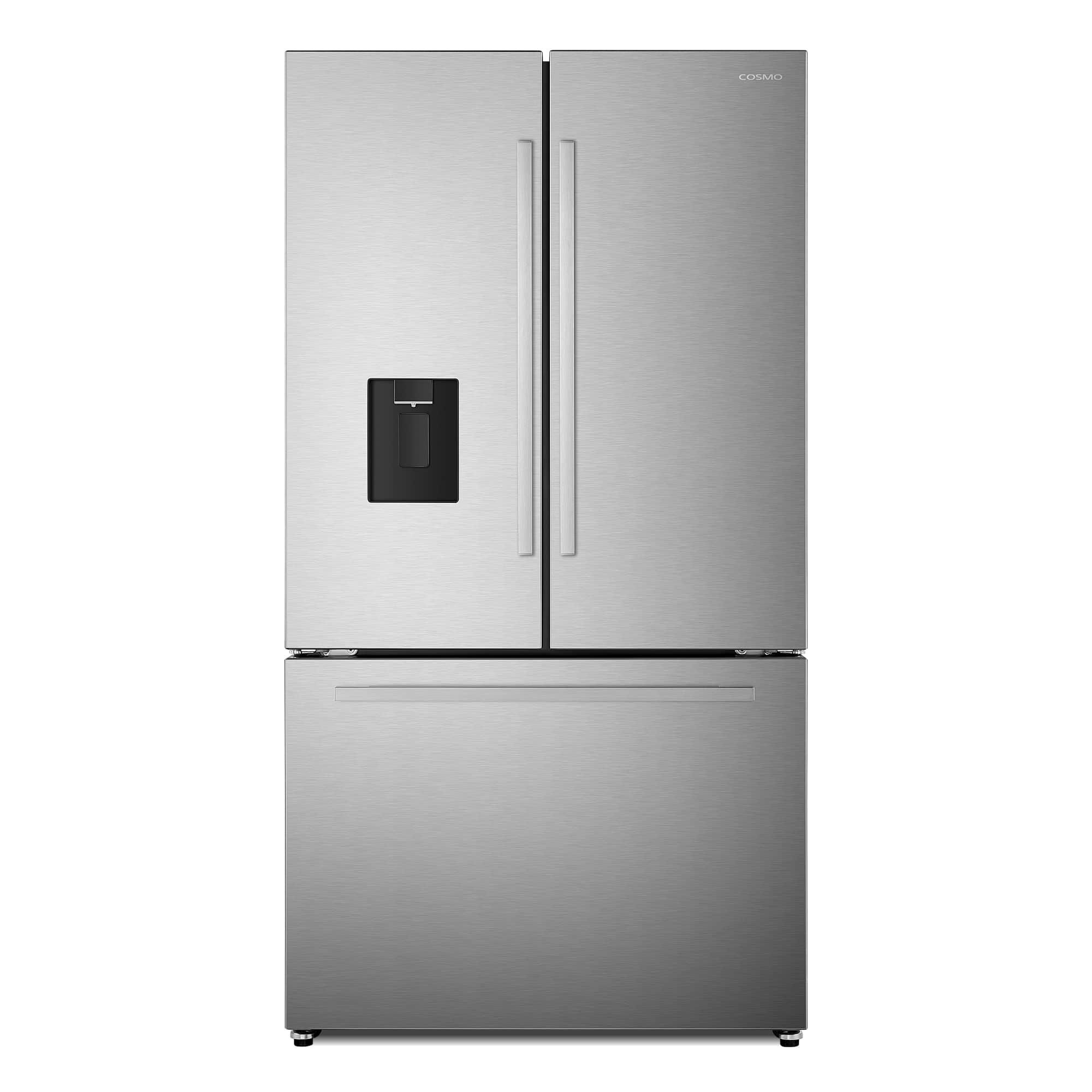 Stainless steel French door refrigerator with centered water dispenser panel