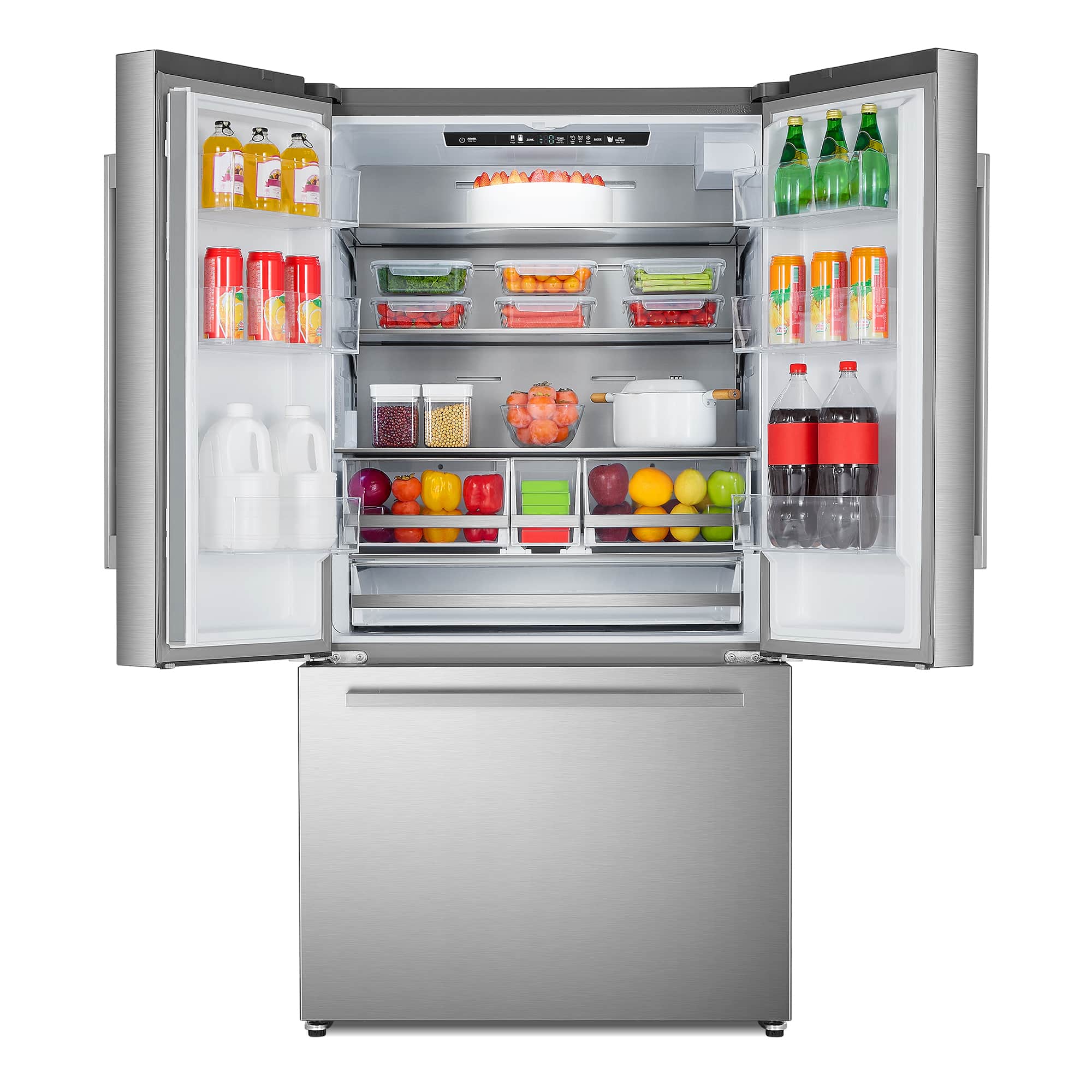 Stainless steel French door refrigerator interior with shelves, bins, and drink bottles