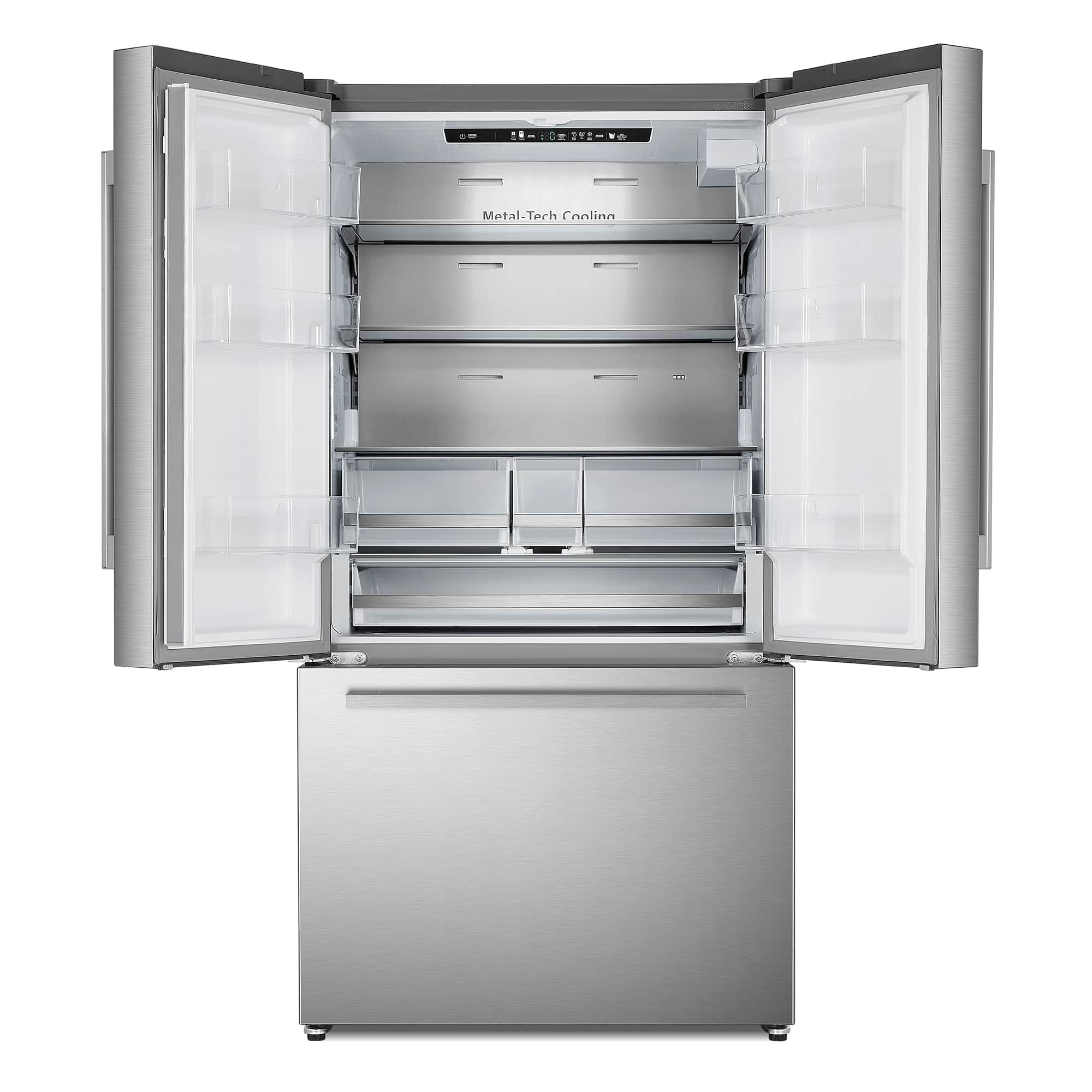 Stainless steel French door refrigerator with open doors, shelves, and freezer drawer