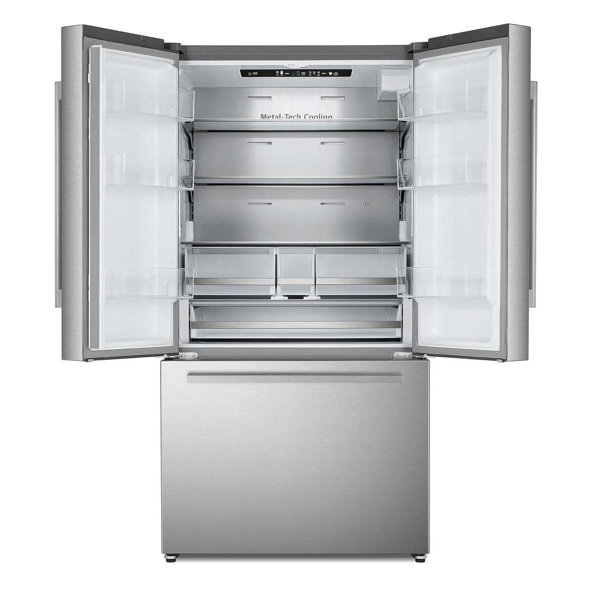 Stainless steel top-freezer refrigerator with doors open, showing interior shelves