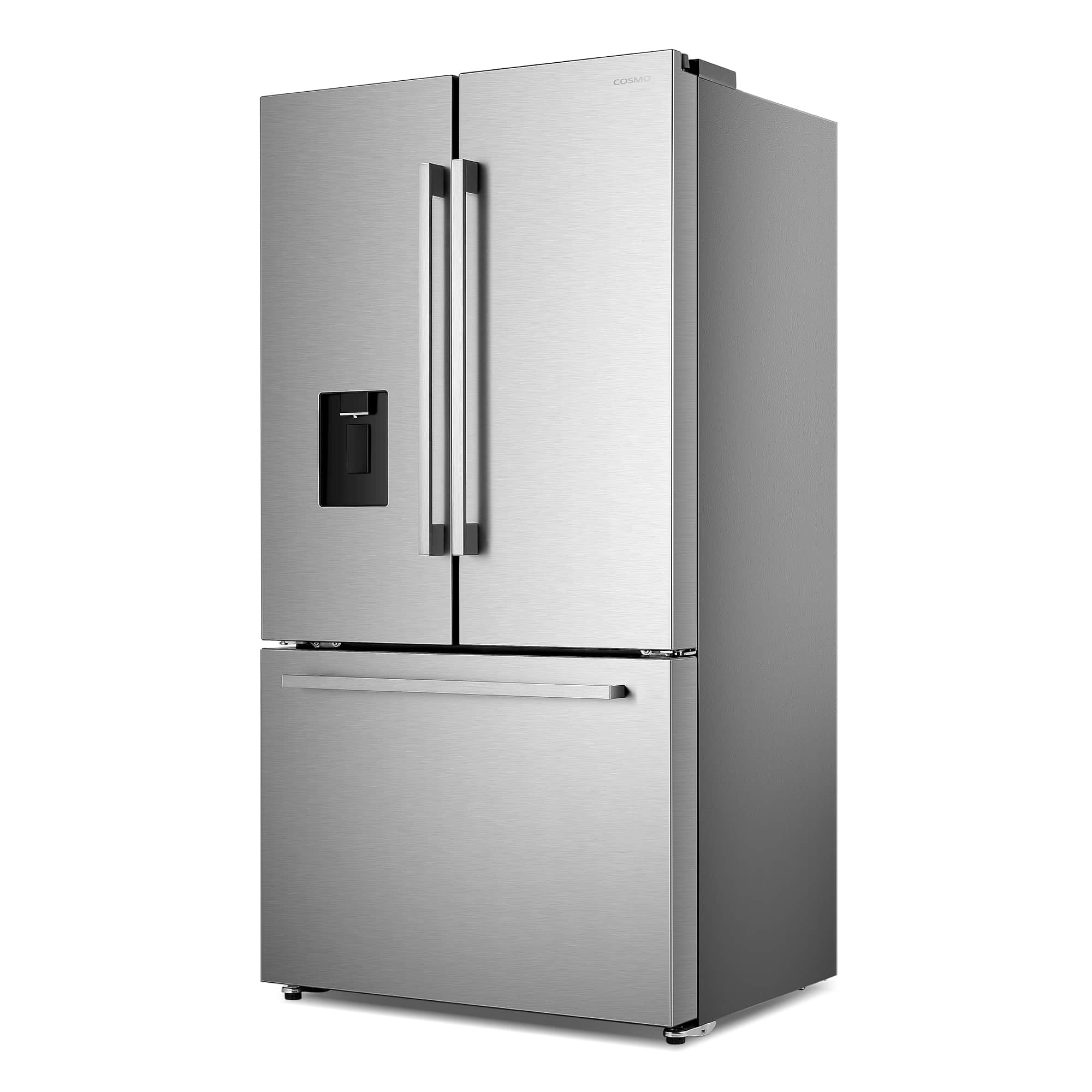 Stainless steel French door refrigerator with external ice and water dispenser panel