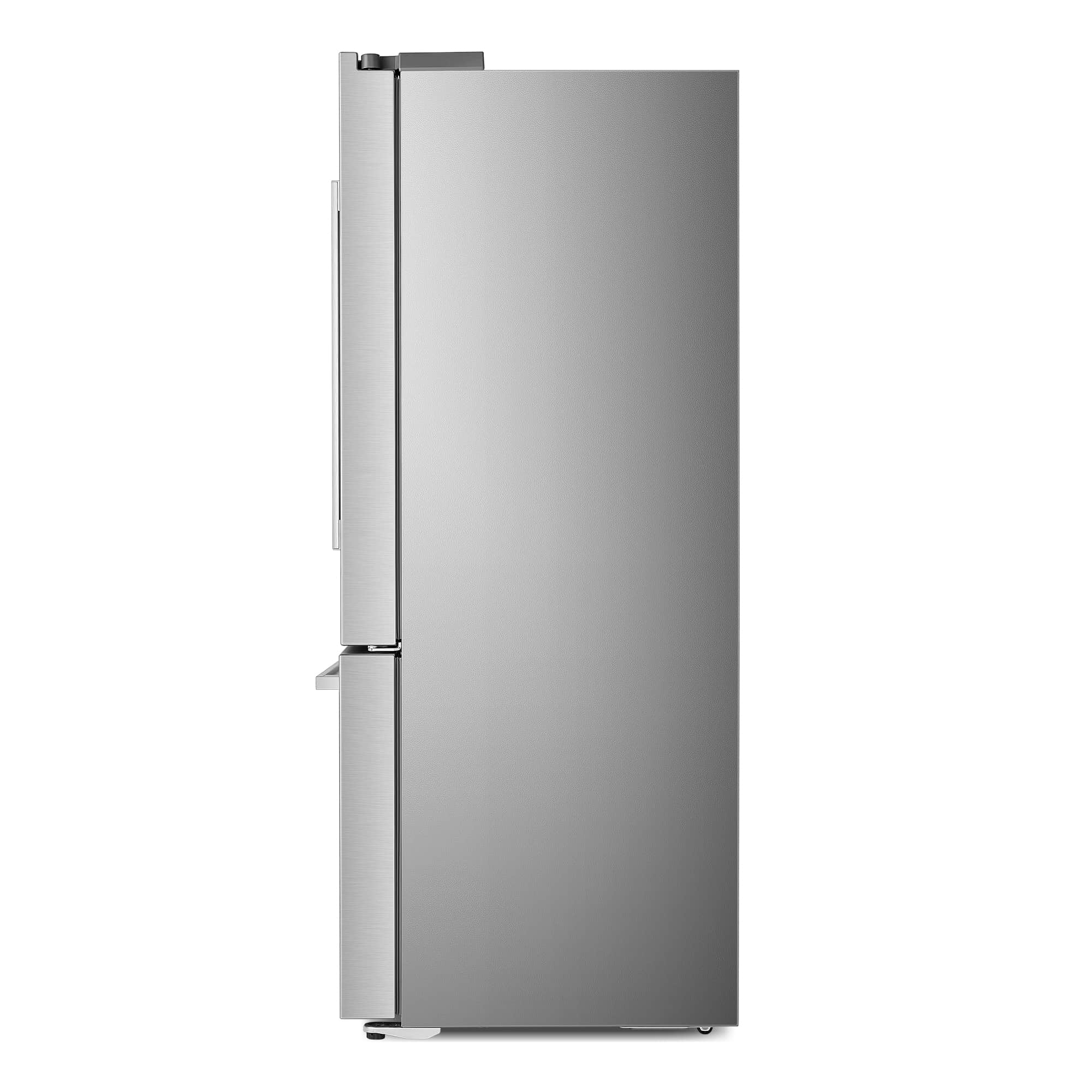 Stainless steel French door refrigerator side profile with long vertical handle
