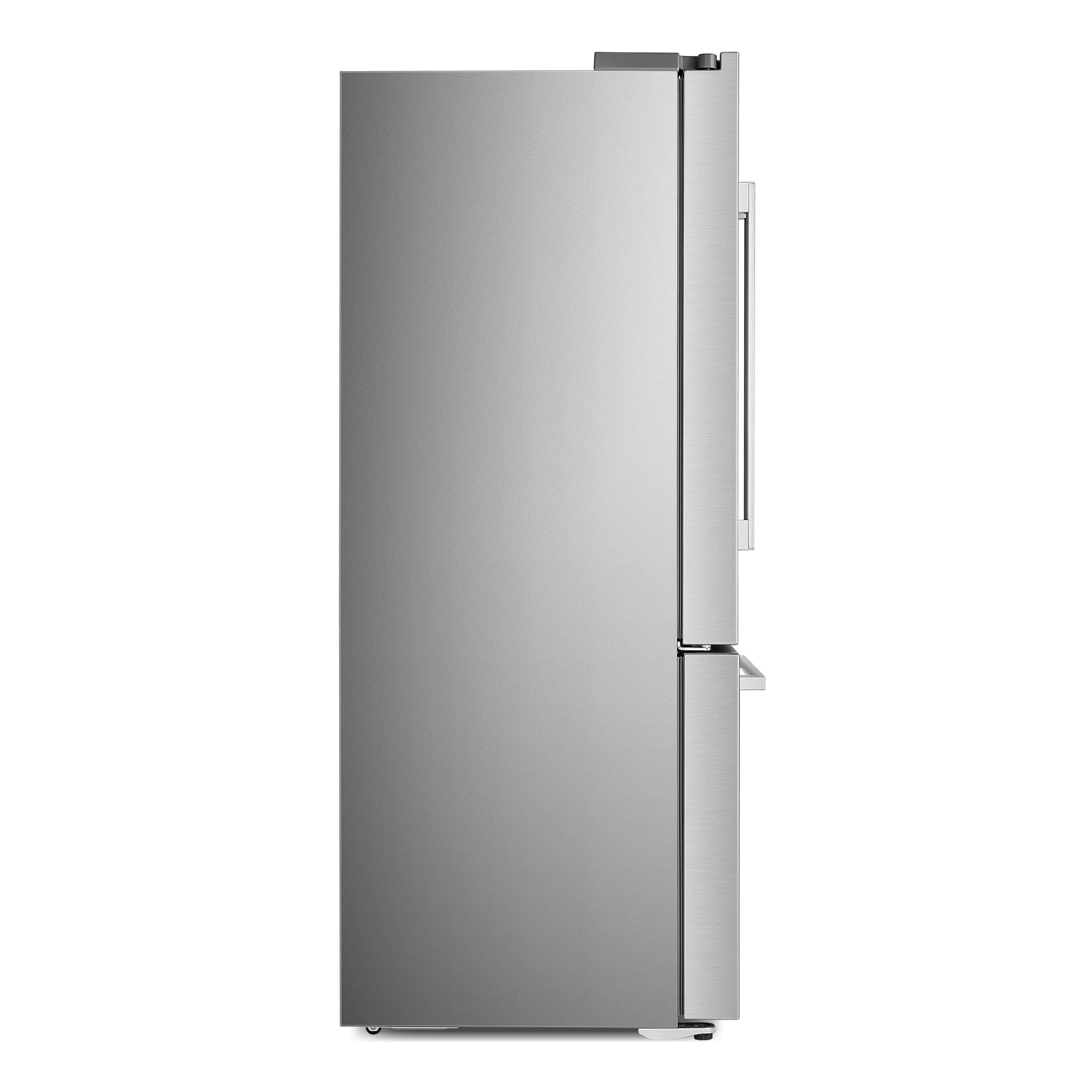 Stainless steel French door refrigerator angled side view with vertical handle