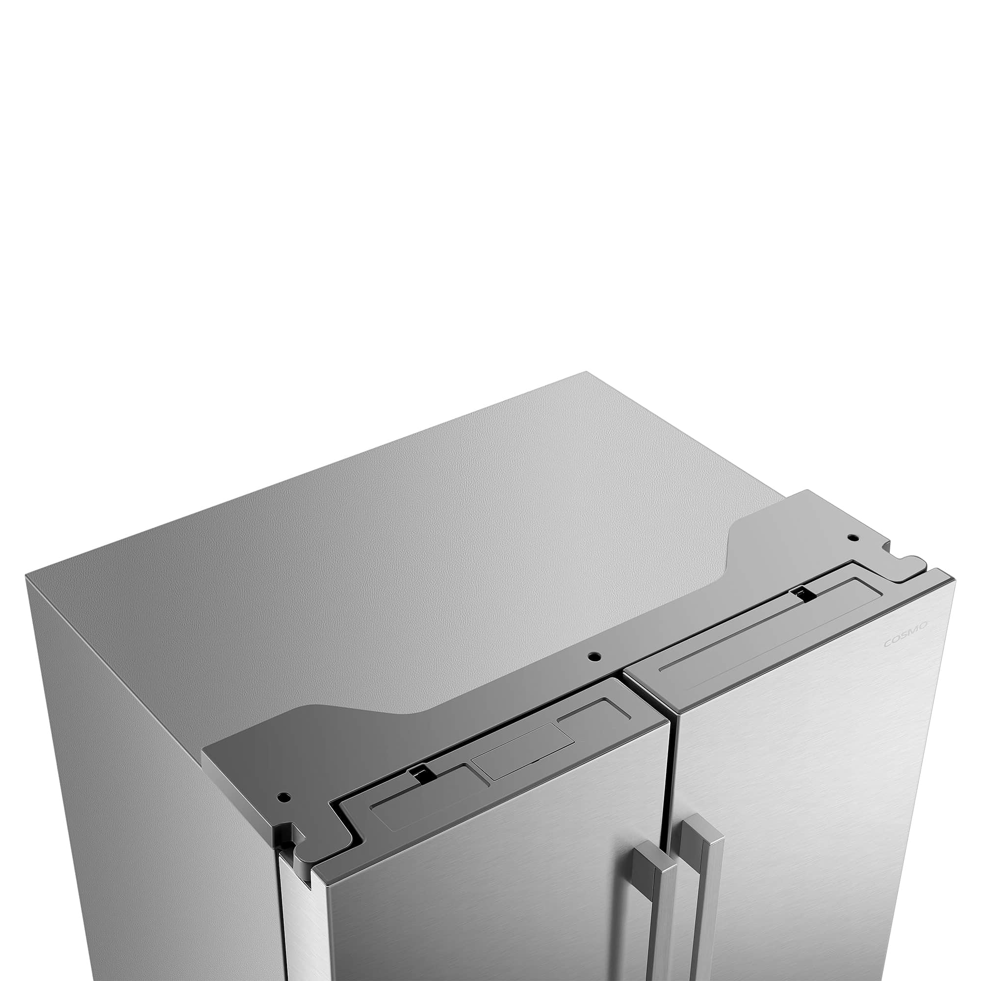 Stainless steel refrigerator door-top area with hinge and recessed dispenser housing
