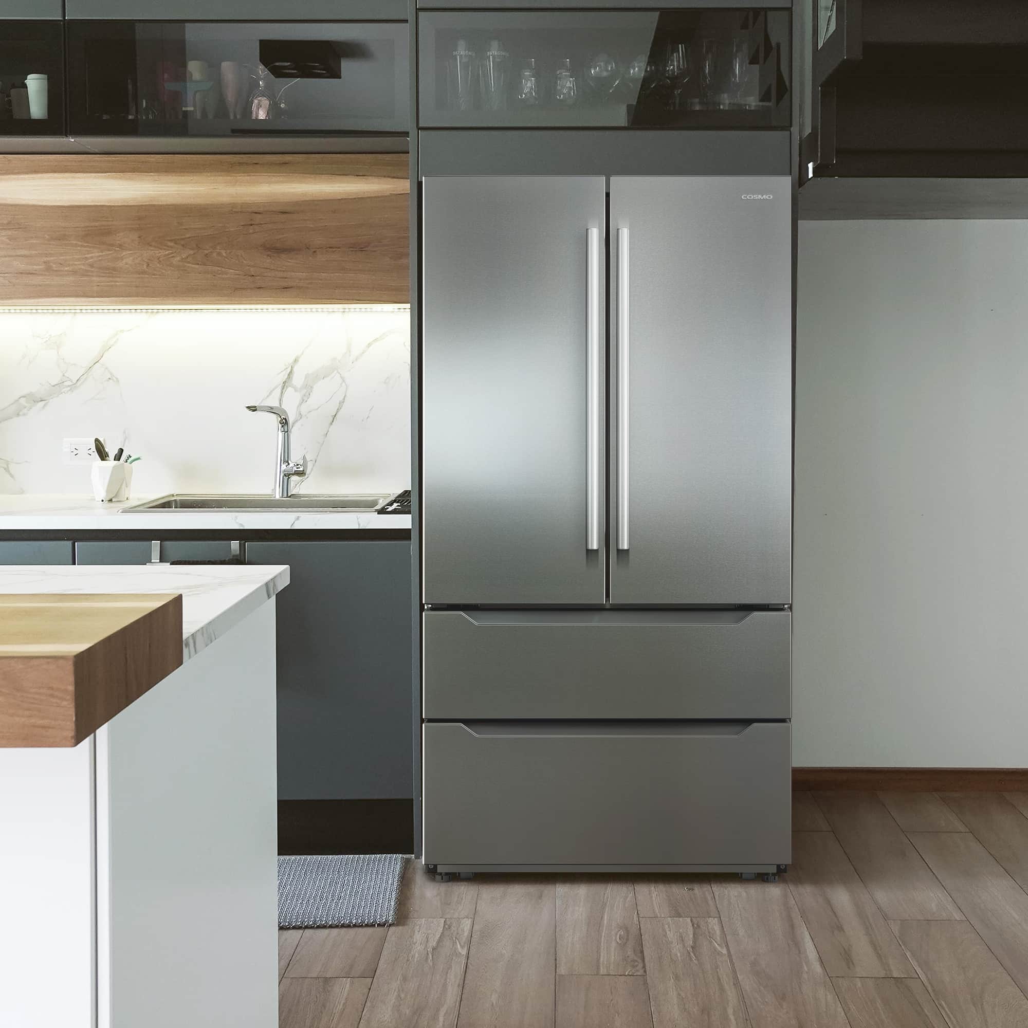 Stainless steel refrigerator with double doors and bottom freezer drawer