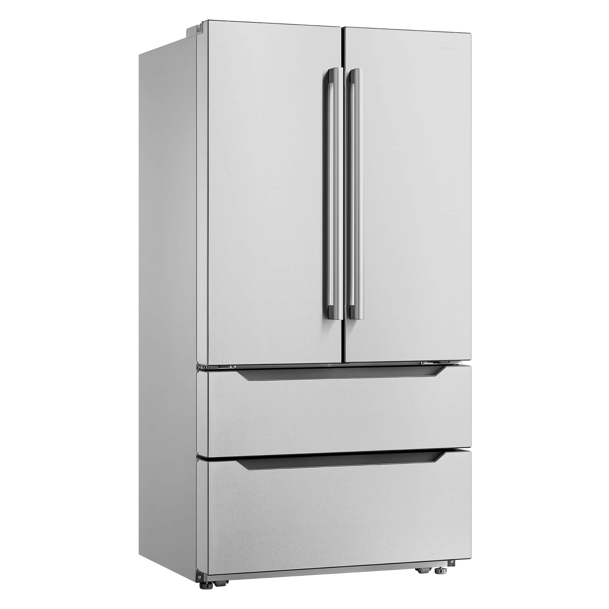 Stainless steel top-freezer refrigerator with two vertical handles, three-quarter view