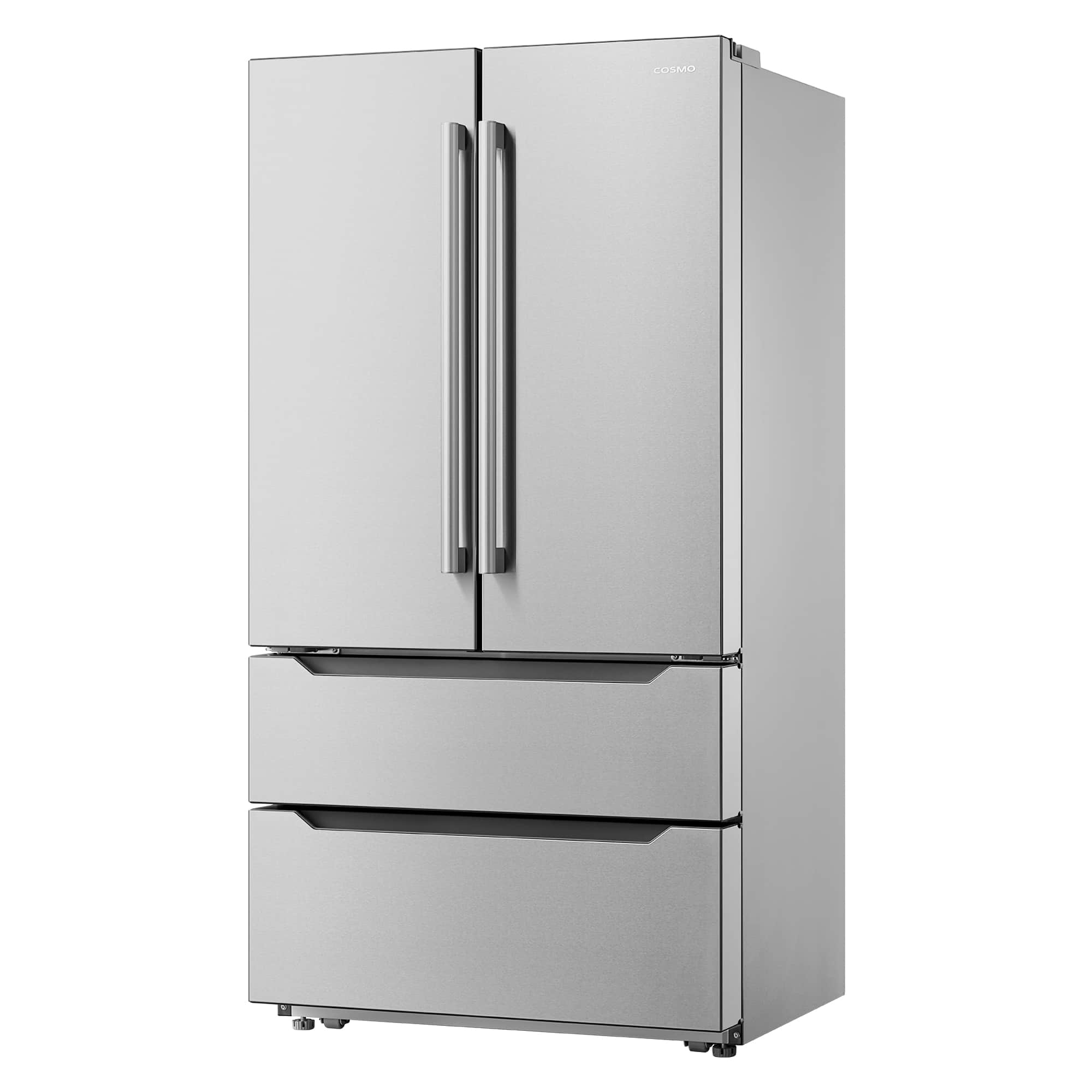 Stainless steel French-door refrigerator front view with recessed door handles