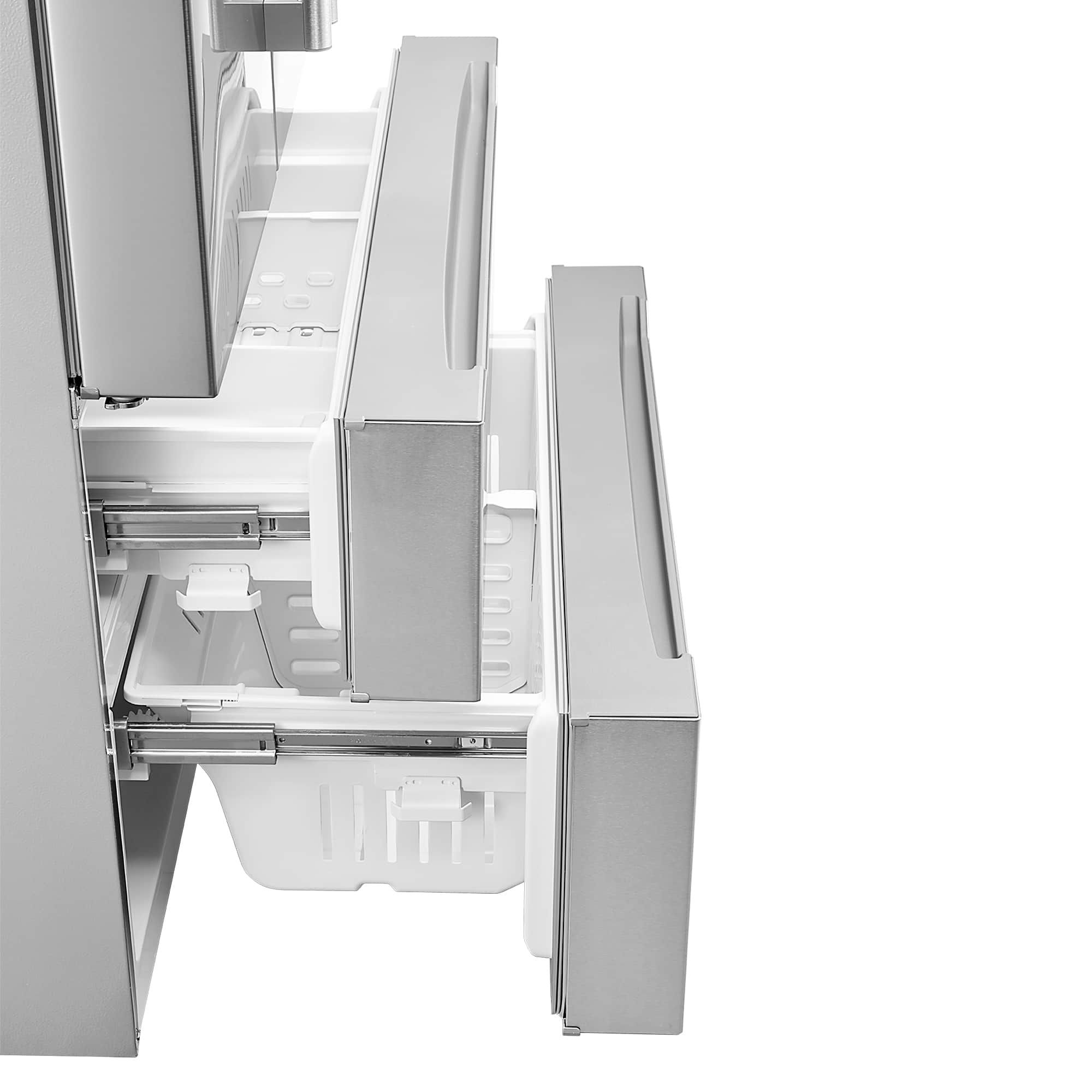 Refrigerator freezer compartment open, showing slide-out bins and dividers