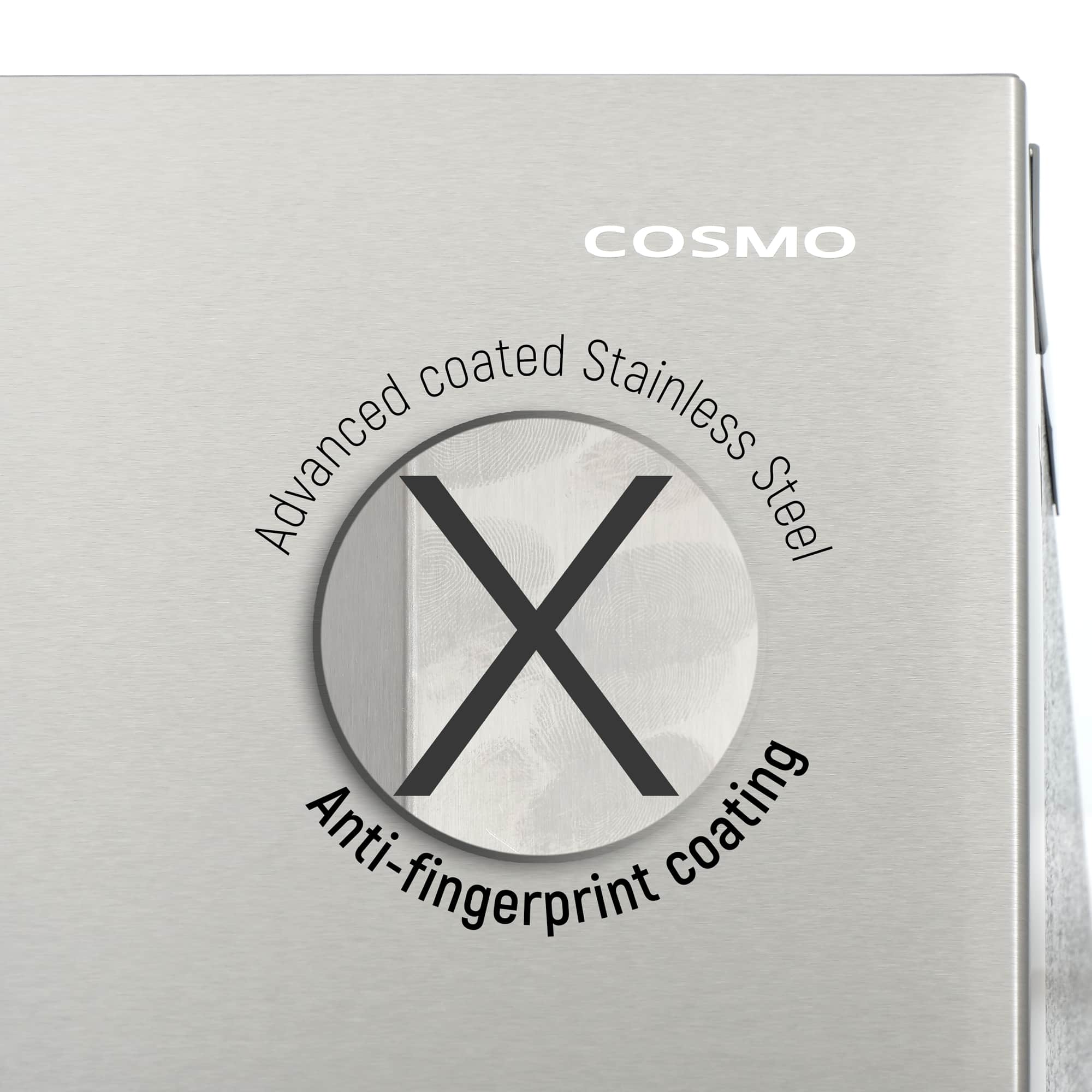 Stainless steel refrigerator door with COSMO anti-fingerprint coating badge