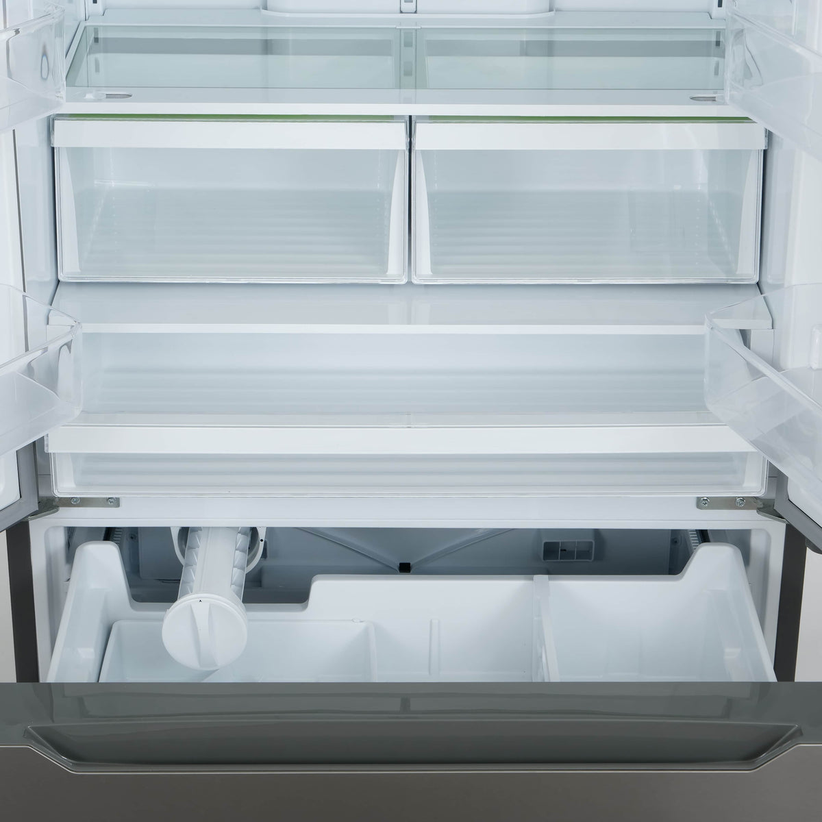 Refrigerator interior with two drawers and adjustable shelf space