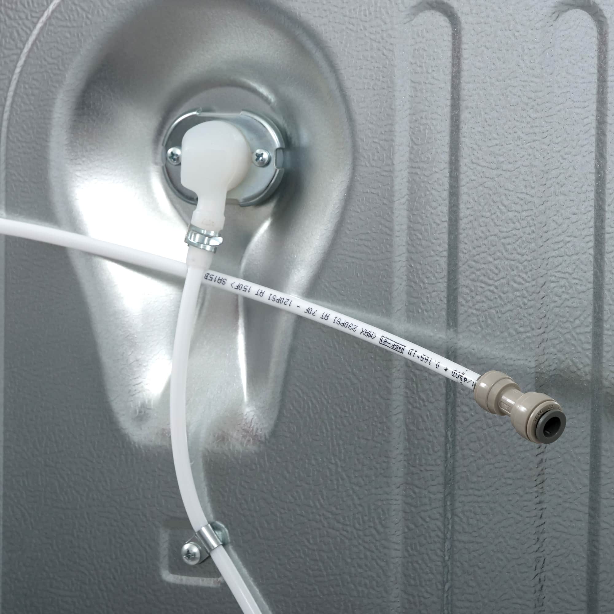 Stainless steel refrigerator water valve with white tubing and connector fittings