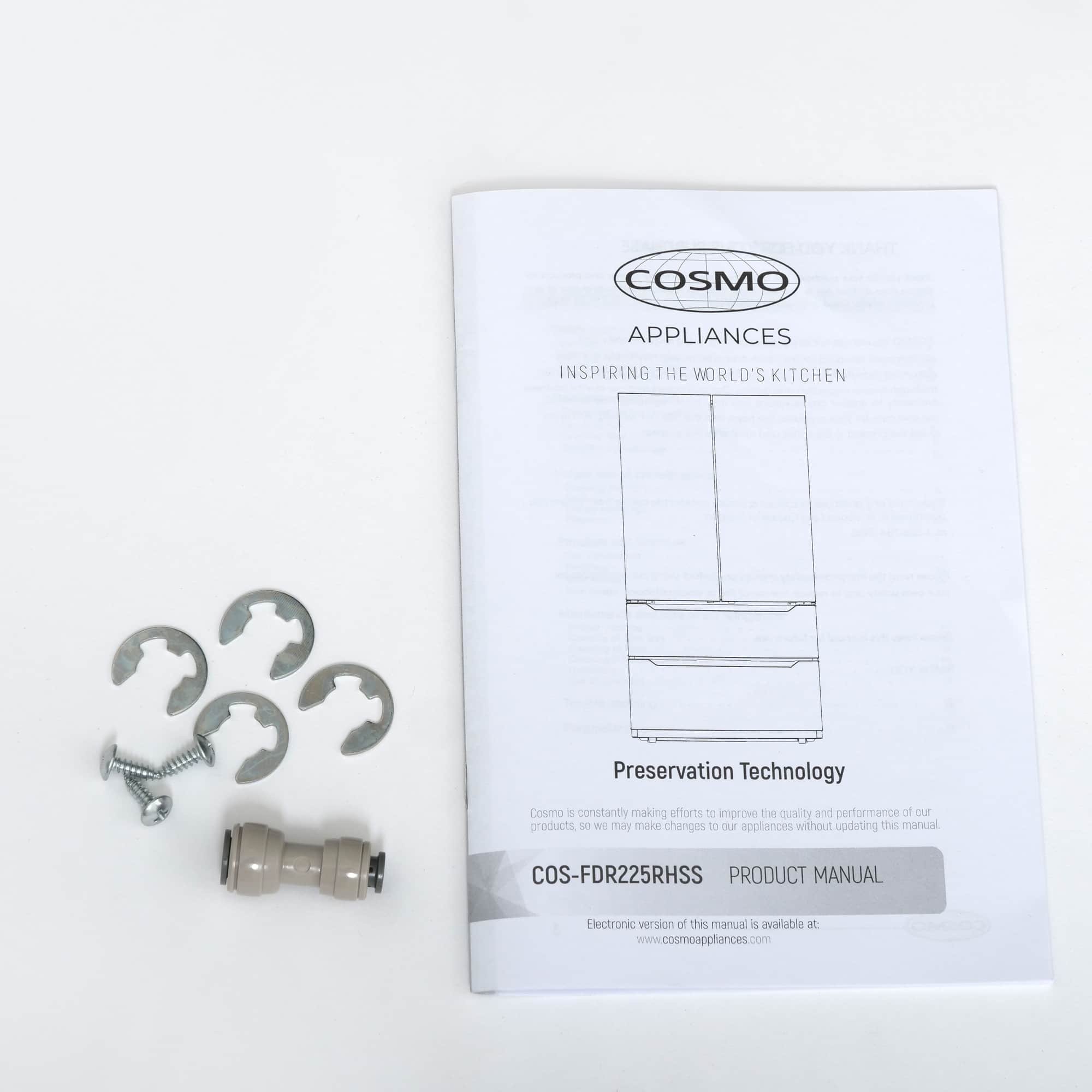COSMO appliances preservation technology product manual with hardware pieces