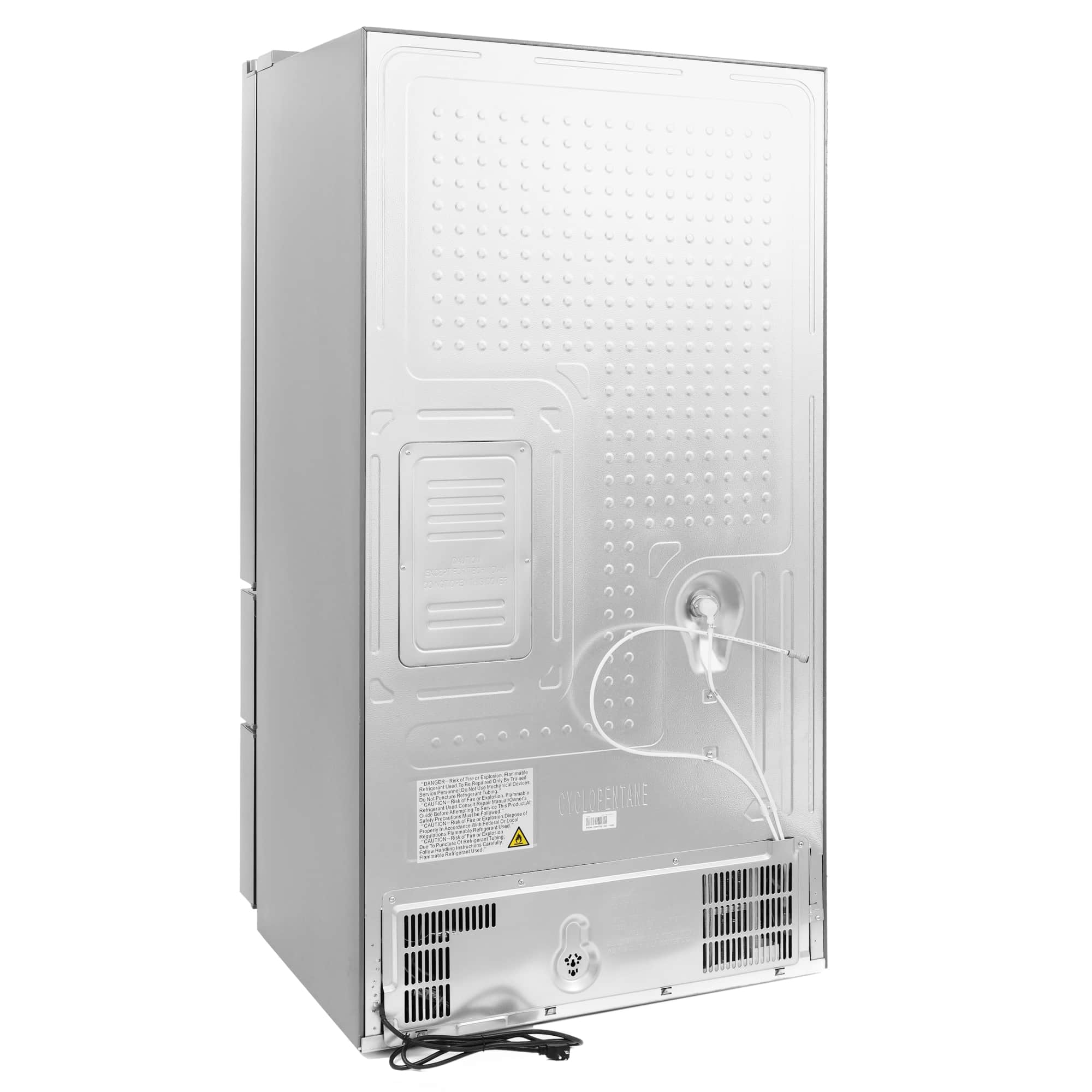 Refrigerator rear panel with vents, cables, and protective cover