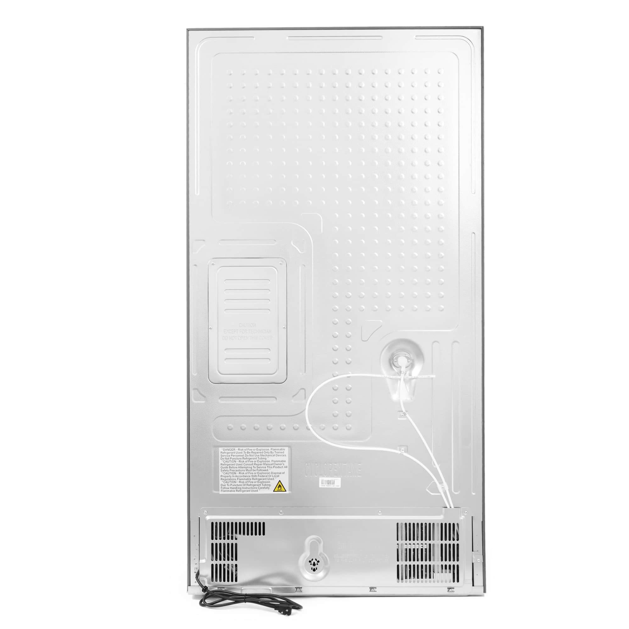 Stainless steel refrigerator back panel with power cord and vent grilles
