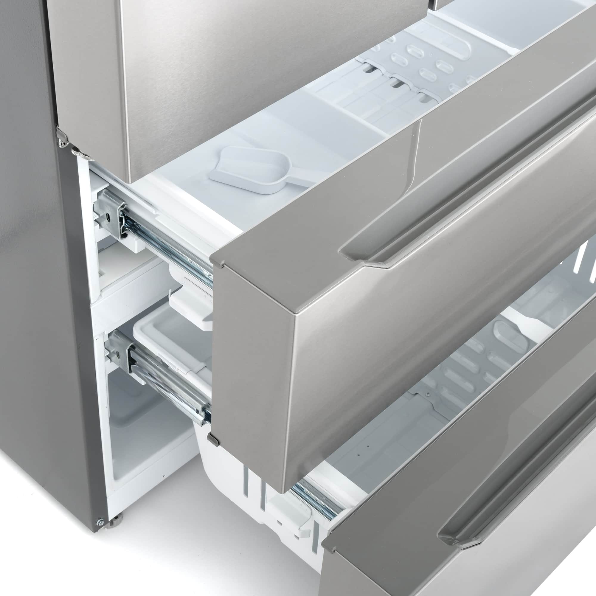 Refrigerator sliding drawer with pull-out rail system and bin organizer