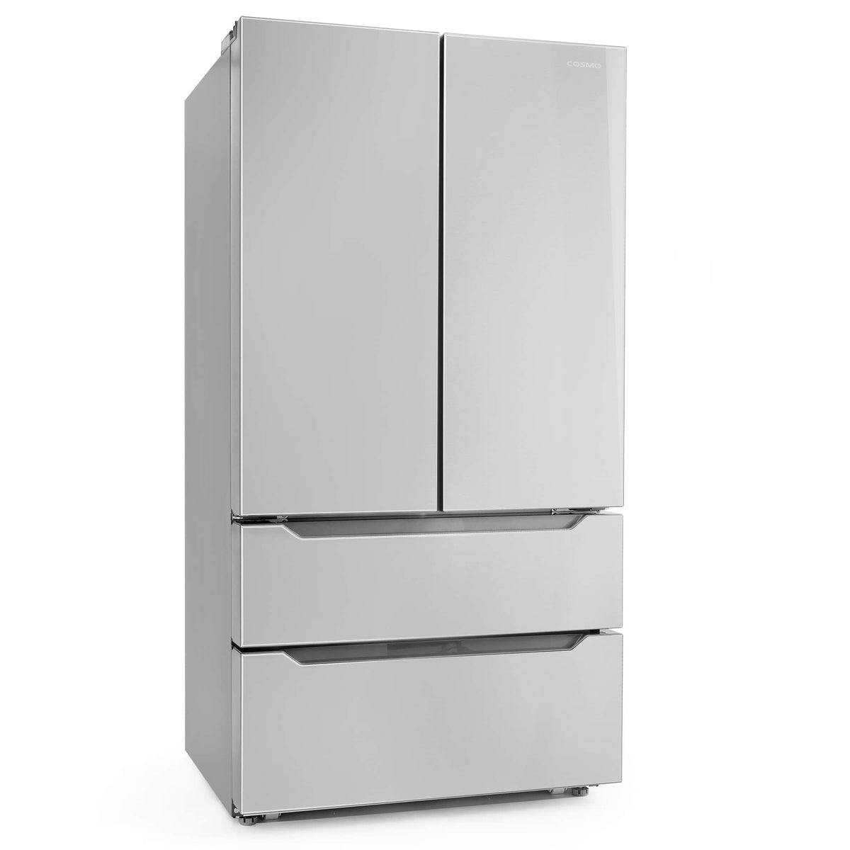Stainless steel refrigerator with double doors and bottom freezer drawer