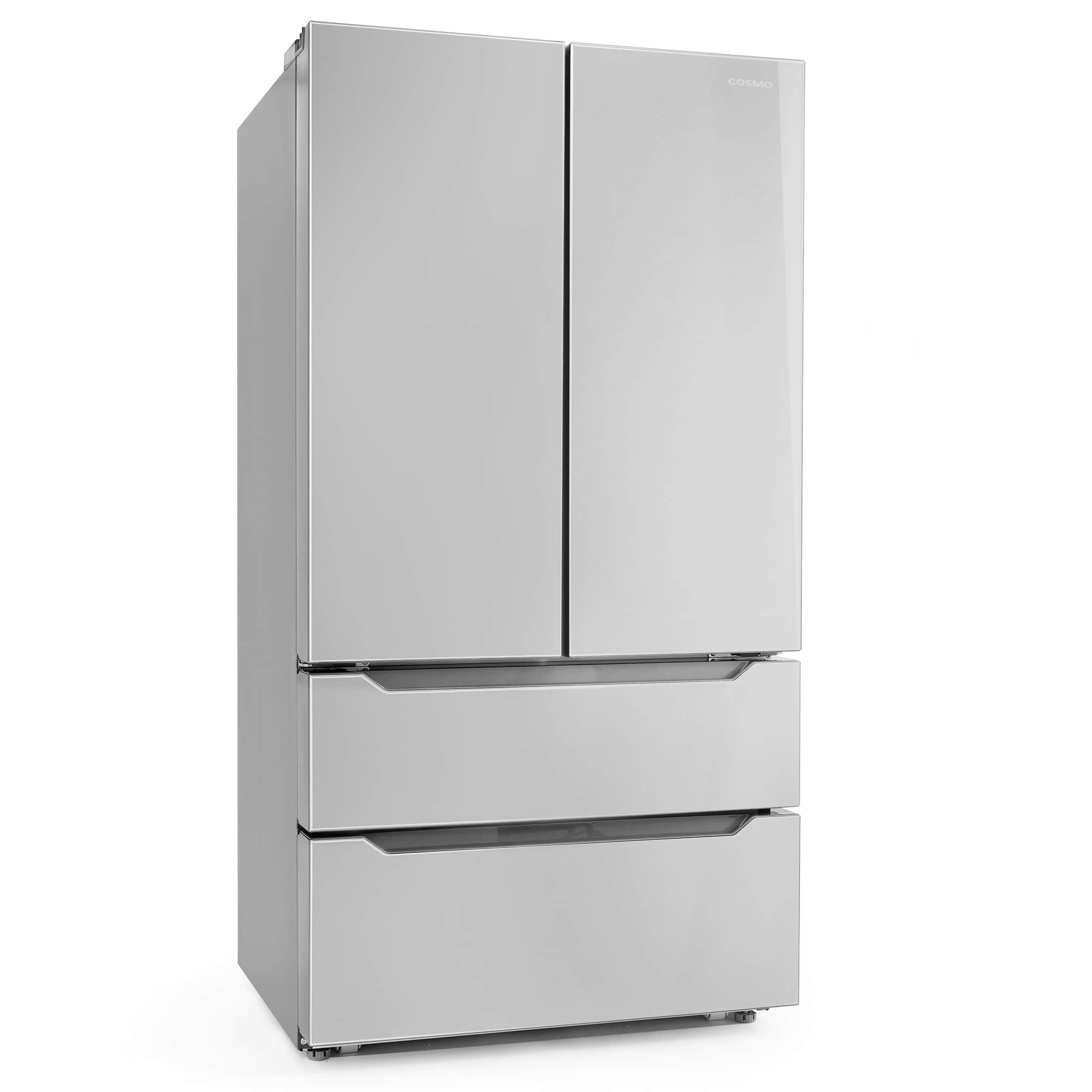 Stainless steel refrigerator with double doors and bottom freezer drawer