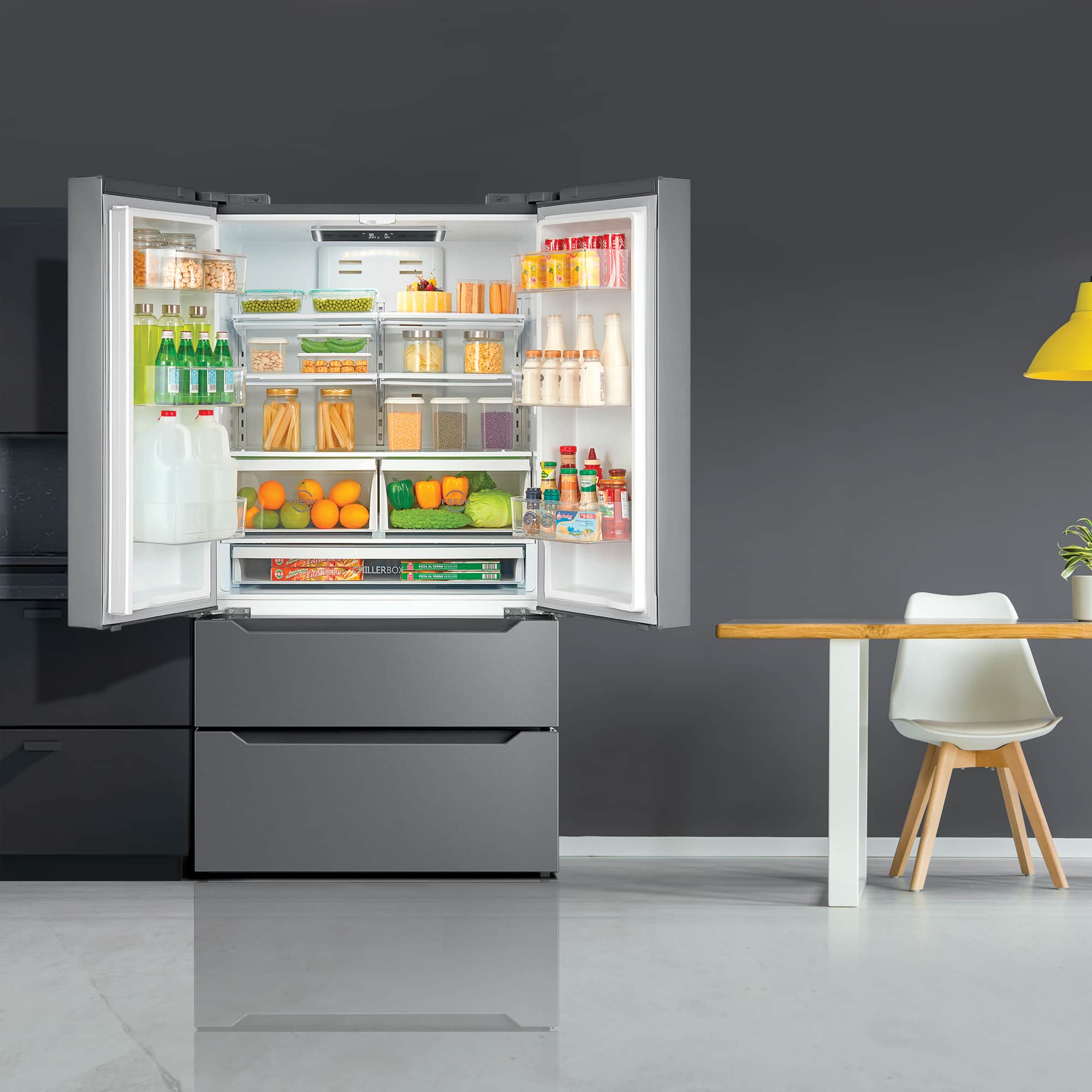 Stainless steel refrigerator with open doors showing stocked interior shelves