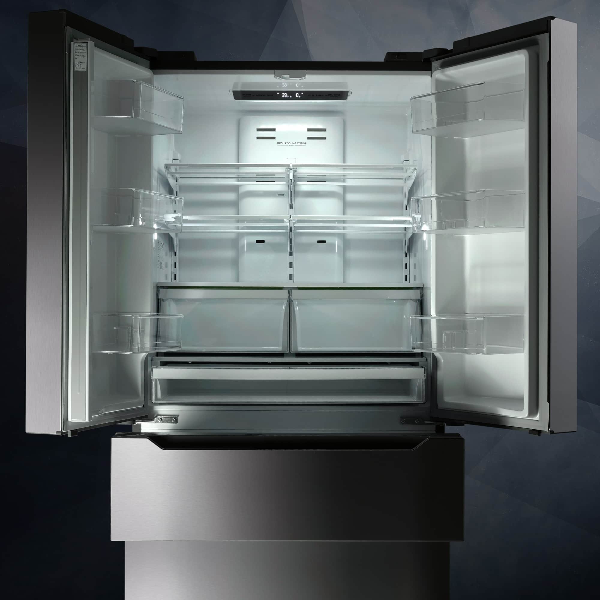 Stainless steel refrigerator with open doors and freezer drawer view
