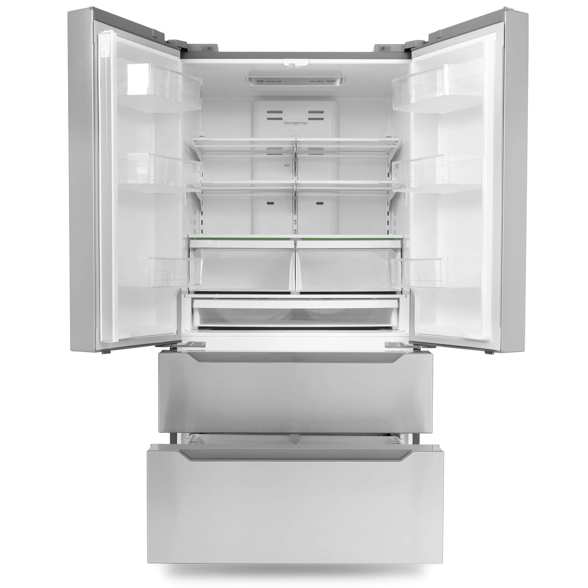 Stainless steel refrigerator with open doors, interior shelves, and bottom drawer